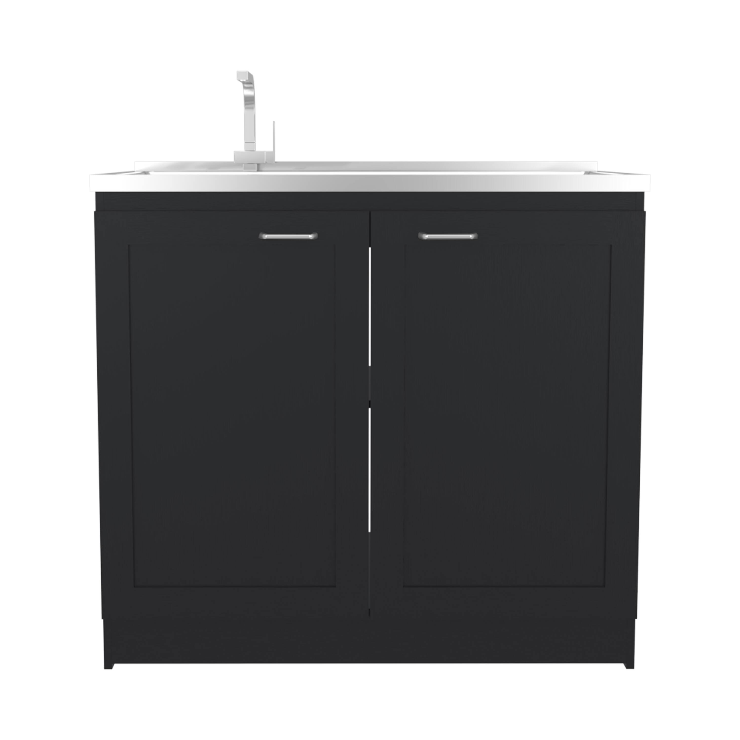 Back. TinyHomie - 36 Inch H Black Wengue Utility Sink Cabinet 2 Doors 2 Shelves - Black.