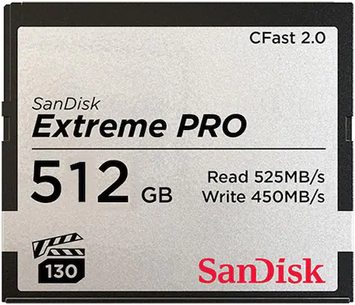 CFast 2.0
SanDisk Extreme PRO
512 GB
Read 525MB/s
Write 450MB/s
130
SanDisk