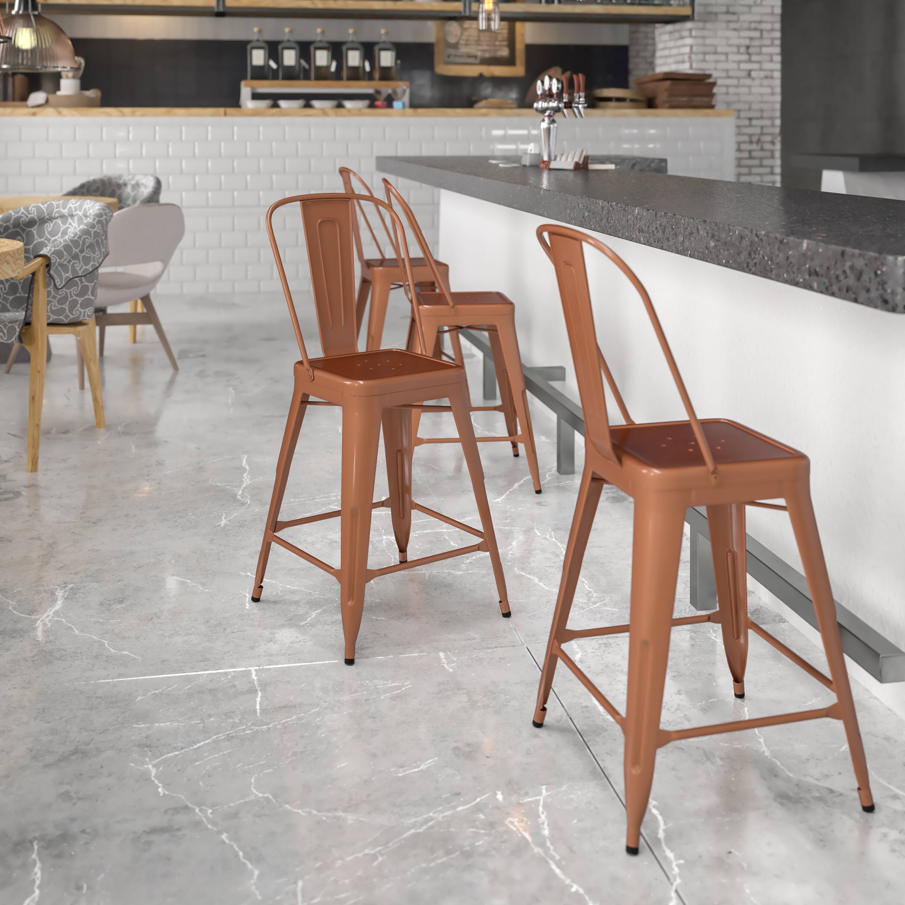 Alt View 1. Emma + Oliver - Commercial Grade 24"H Metal Indoor-Outdoor Counter Stool w/ Drain Holes and Back - Copper.