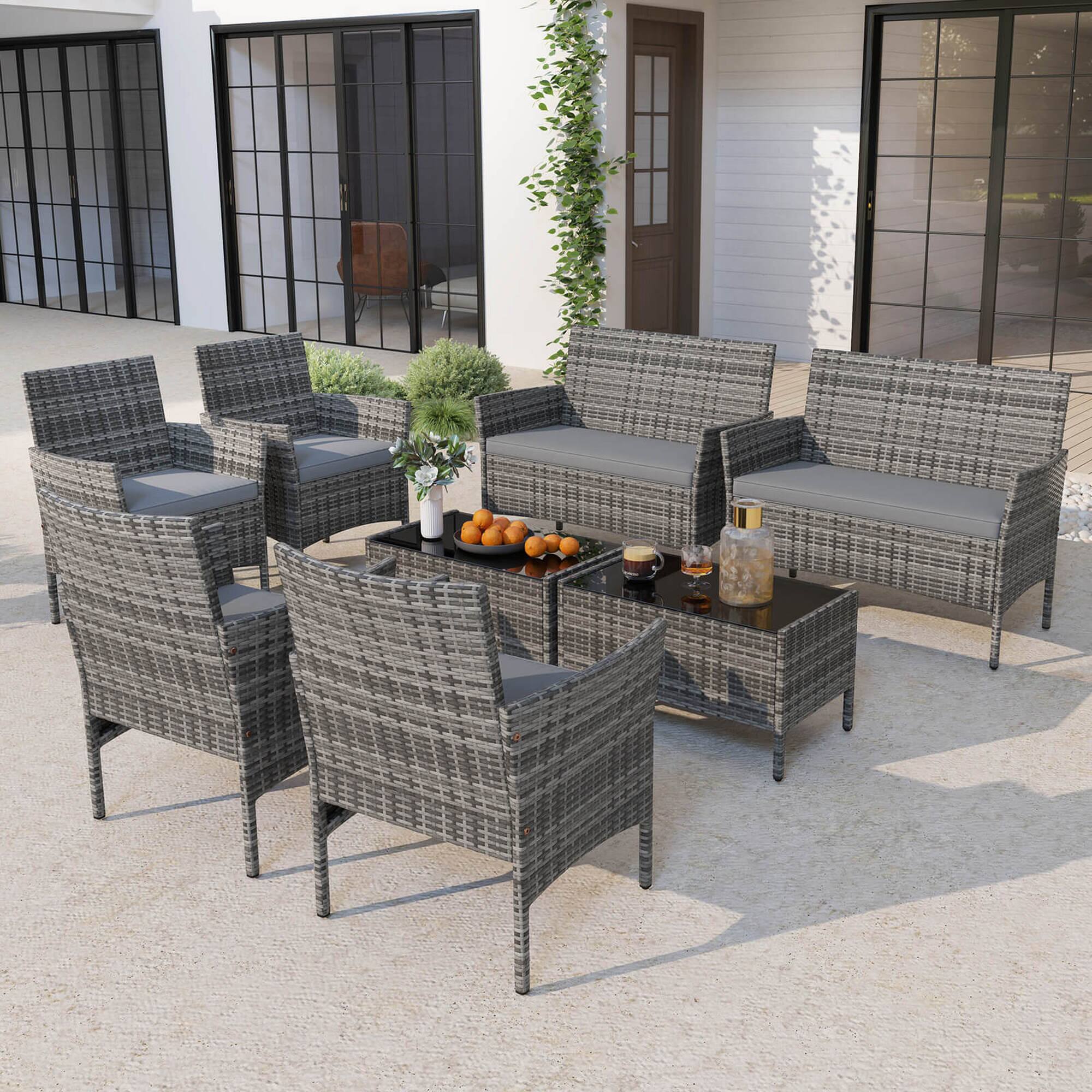 Alt View 3. Costway - 8 PCS Patio Furniture Set with Washable Cushions and Tempered Glass Coffee Table - Gray.