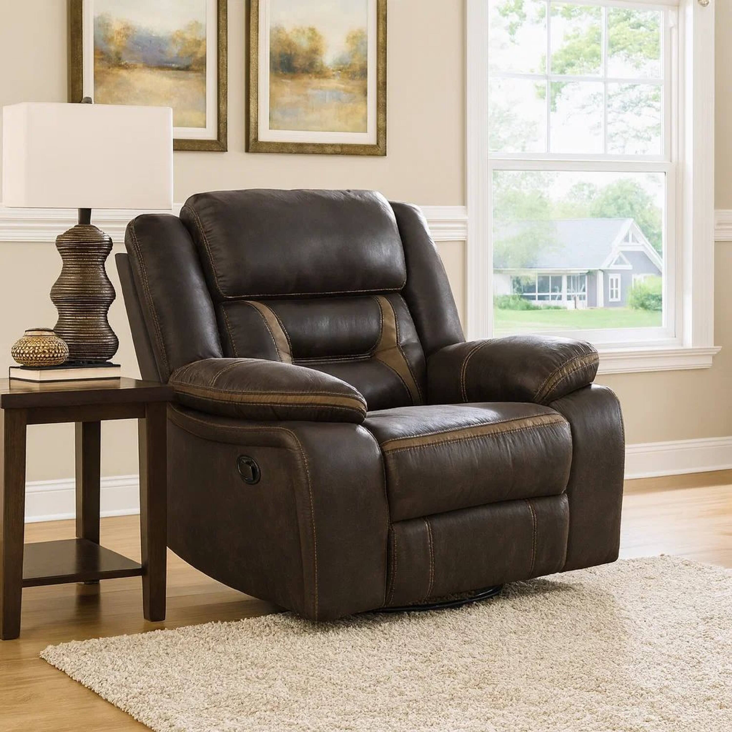 Alt View 4. Manhattan Lane - Jake 41 Inch Gliding Manual Recliner, Pillowtop,   Faux Leather - Brown.