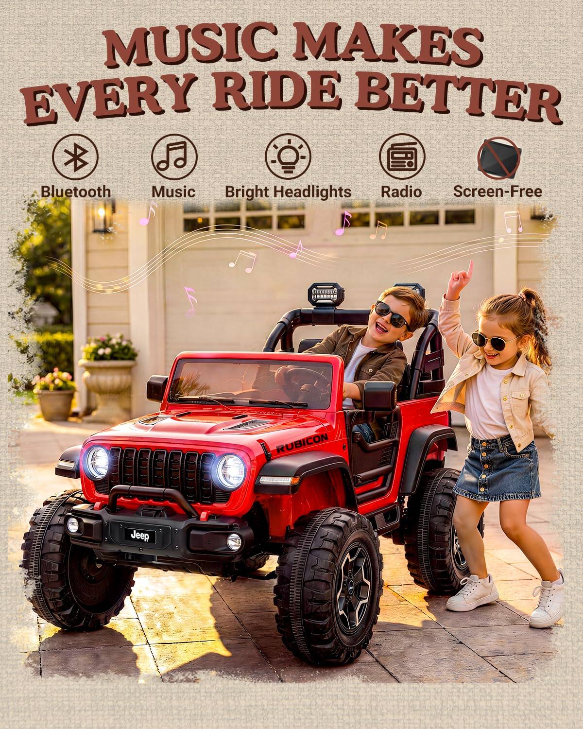 MUSIC MAKES EVERY RIDE BETTER

Bluetooth
Music
Bright Headlights
Radio
Screen-Free

RUBICON
Jeep