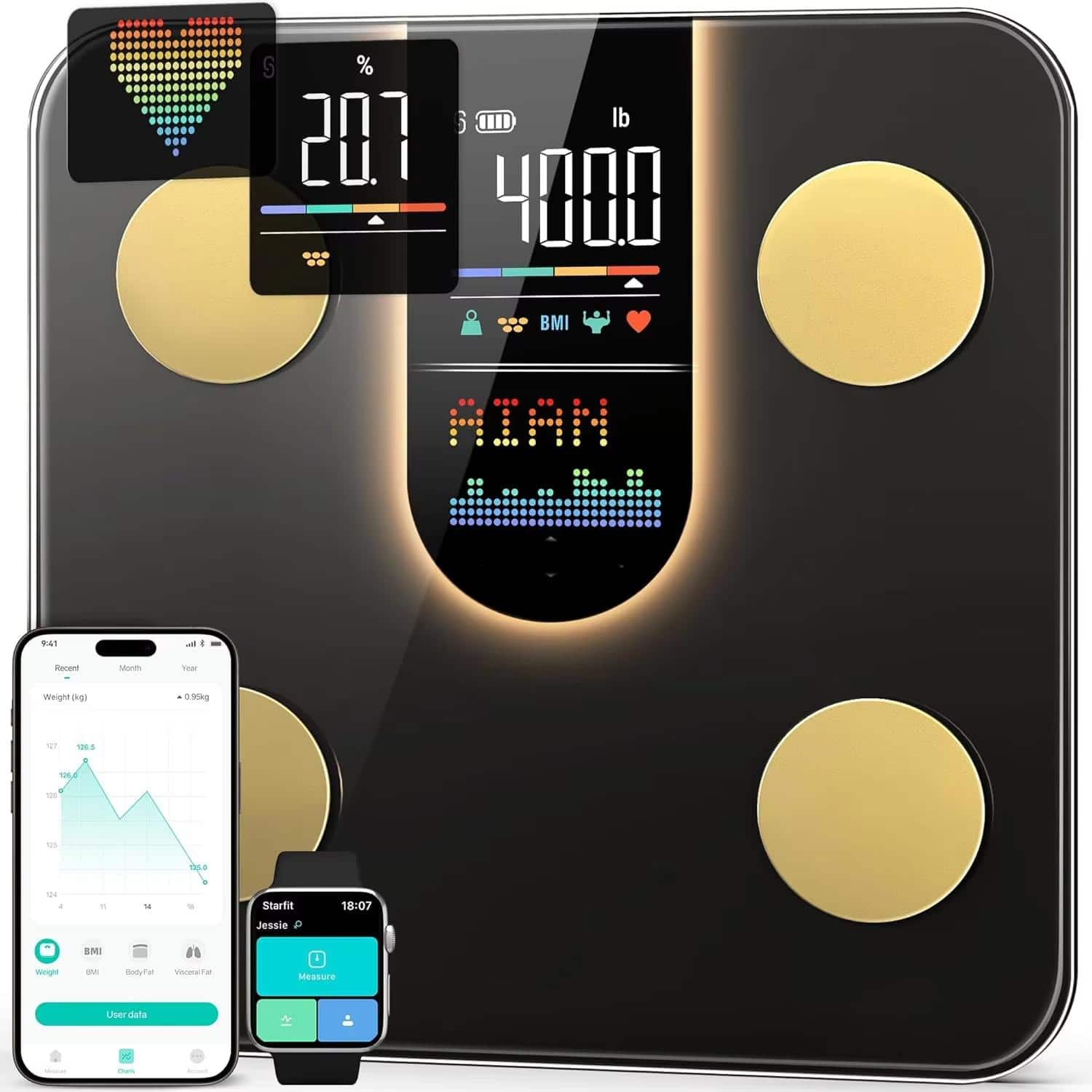 Luckbyte - Smart Body Fat Scale, 22 Body Composition Analyzer with VA Display, Bluetooth Weight Scale for BMI Heart Rate - Black