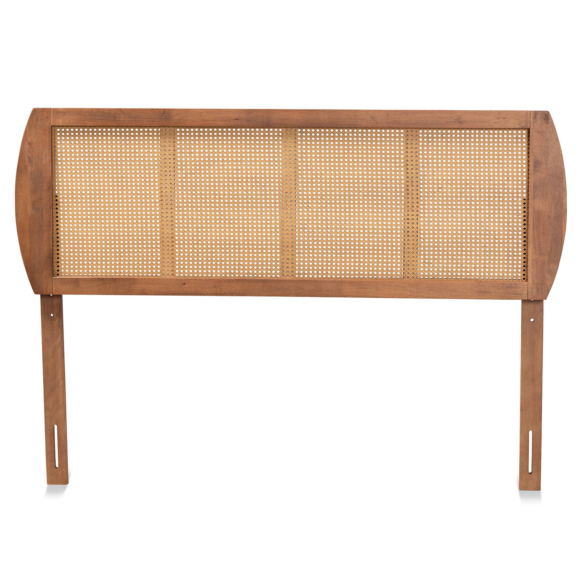 Angle. Baxton Studio - Harris Mid-Century Modern Finished Wood and Synthetic Rattan Queen Size Headboard - Ash Walnut.