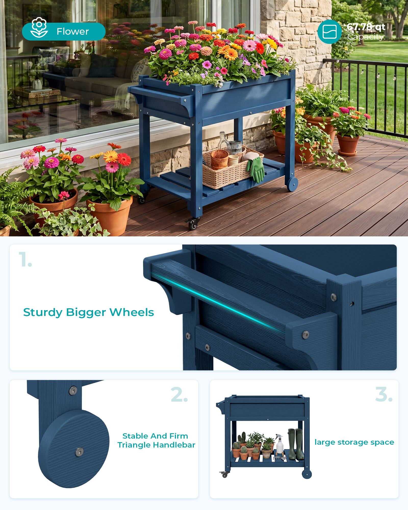 Flower

67.78 qt Capacity:

1. Sturdy Bigger Wheels
2. Stable And Firm Triangle Handlebar
3. Large Storage Space