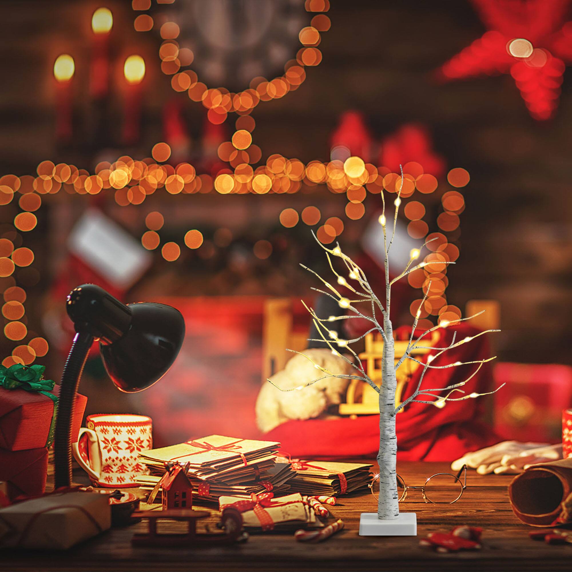 Alt View 3. Gymax - Gymax 2 FT Pre-lit White Birch Tree Artificial Twig Birch Tree Christmas Decoration - White.