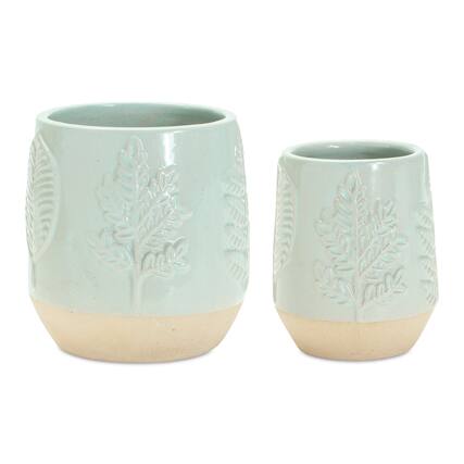 Front. BreeBe - Two-Tone Porcealin Planter with Leaf Design (Set of 2) - Green, Tan.