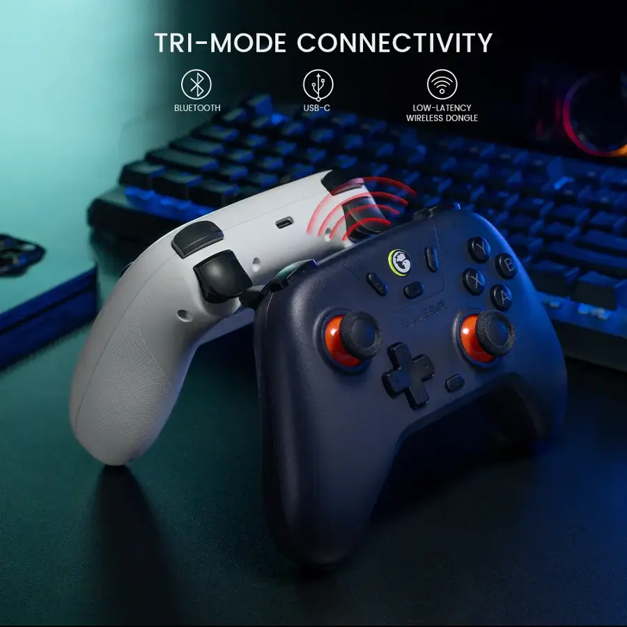 TRI-MODE CONNECTIVITY: BLUETOOTH, USB-C, LOW-LATENCY WIRELESS DONGLE.