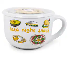 Silver Buffalo - Sanrio Gudetama "Late Night Snack" Ceramic Soup Mug With Vented Lid | 24 Ounces - White