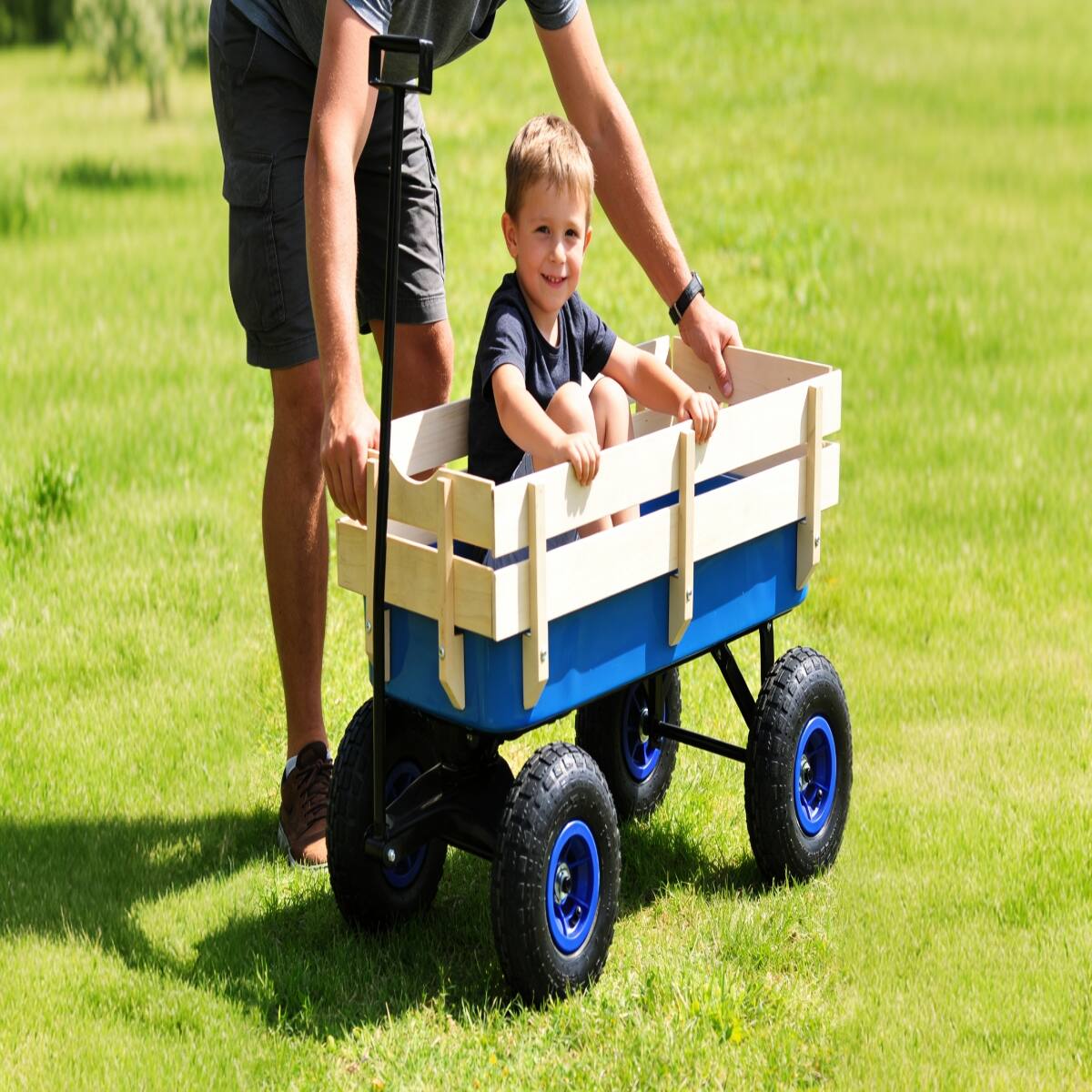 Left. Loheer - Loheer All Terrain Steel Garden Cart with Pneumatic Tires and Removable Wooden Sides.