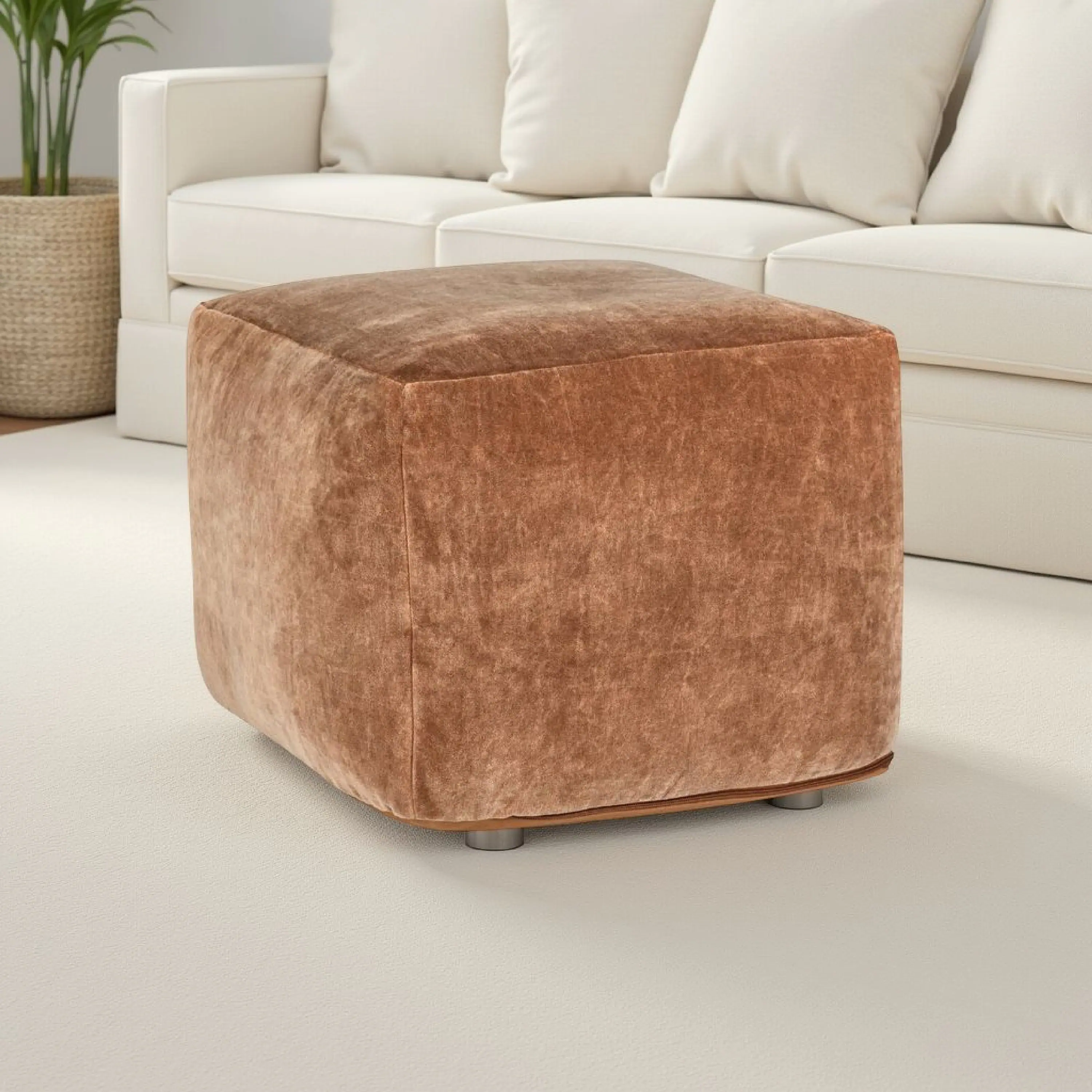 Alt View 3. Manhattan Lane - Square Ottoman Pouf, 18 Inch, Vintage Orange Rust Velvet, Polyfill - Rust Orange.