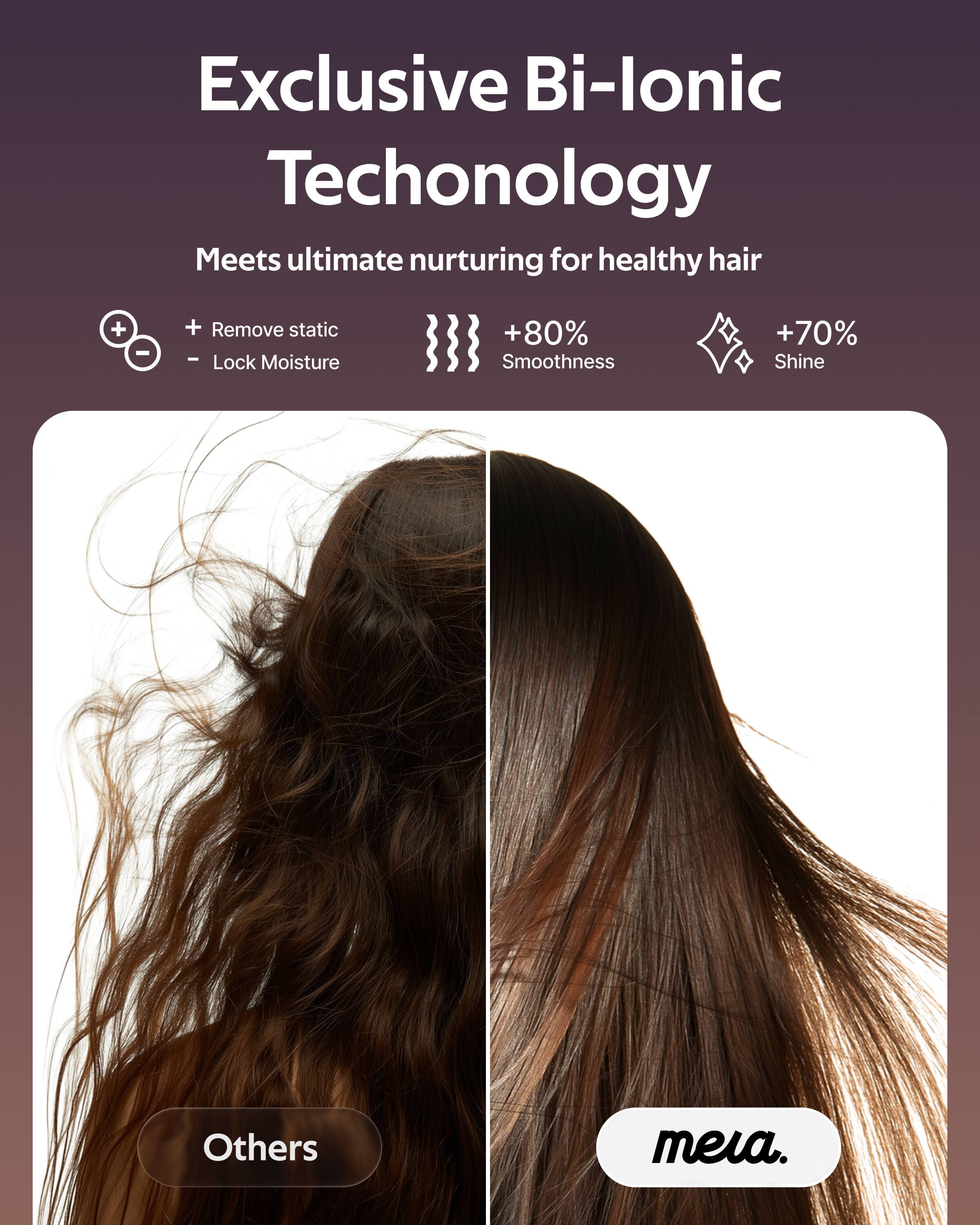 Exclusive Bi-lonic Technology  
Meets ultimate nurturing for healthy hair  

+ Remove static  
- Lock Moisture  

+80% Smoothness  
+70% Shine  

Others  
meia.