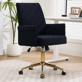 Trinkets Crazed - Stripes Velvet 360°Swivel Desk Chair, Modern Height Adjustable Home Office Armchair with Gold Base and Wheels - Black