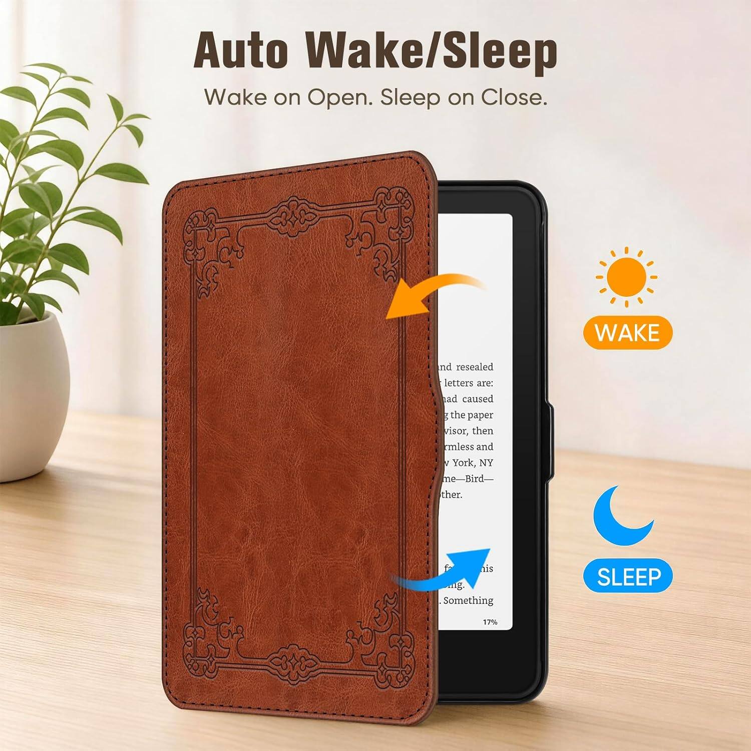 Auto Wake/Sleep  
Wake on Open. Sleep on Close.  

WAKE  
and resealed letters are: ad caused g the paper visor, then rmless and I York, NY me-Bird- ther.  
is g. Something 17%  

SLEEP
