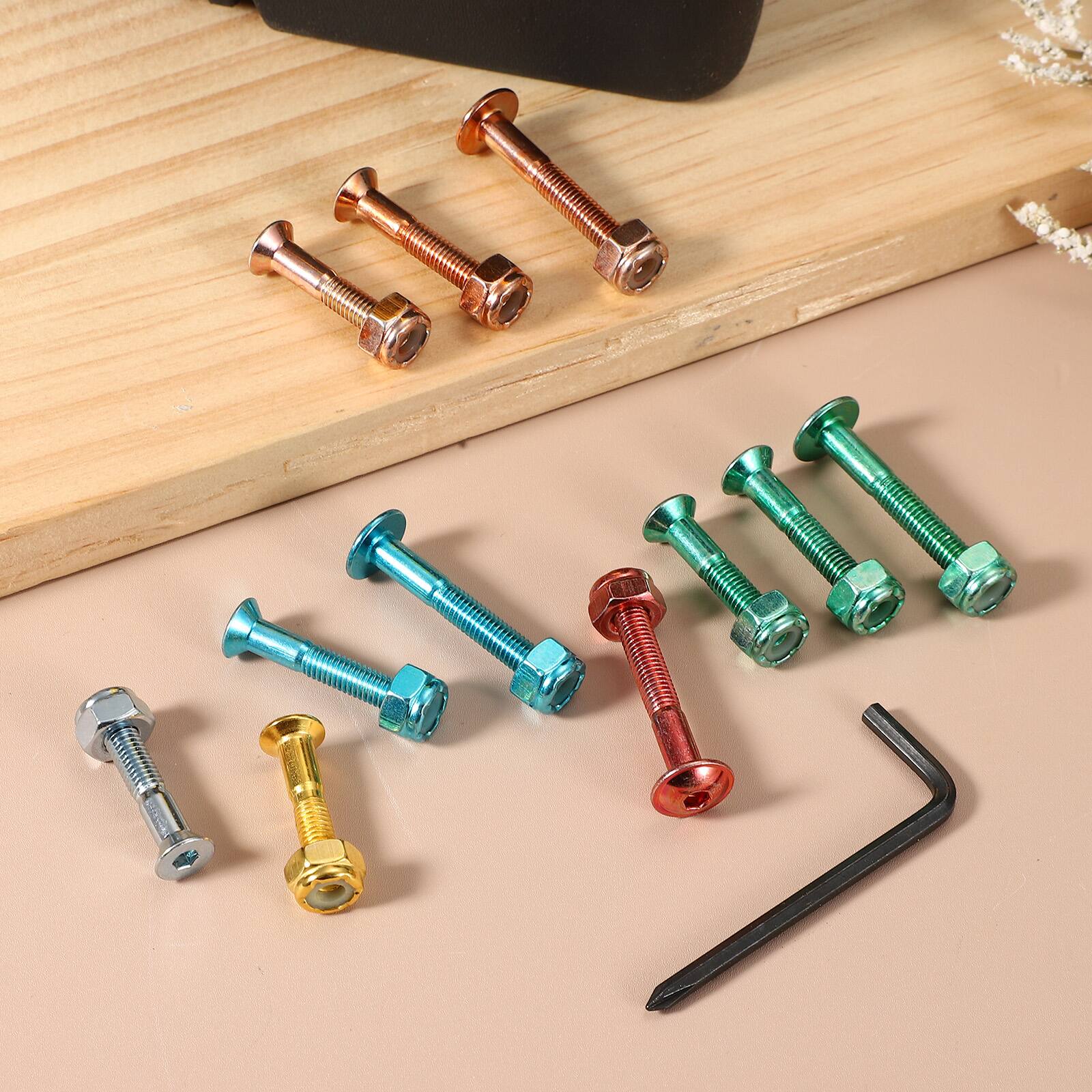 Alt View 5. Unique Bargains - 13.5 mm/0.5" Skateboard Hardware Kit, 8pcs Mounting Screws Bolts Nuts Set with Hex Key for Cruiser - Gold.