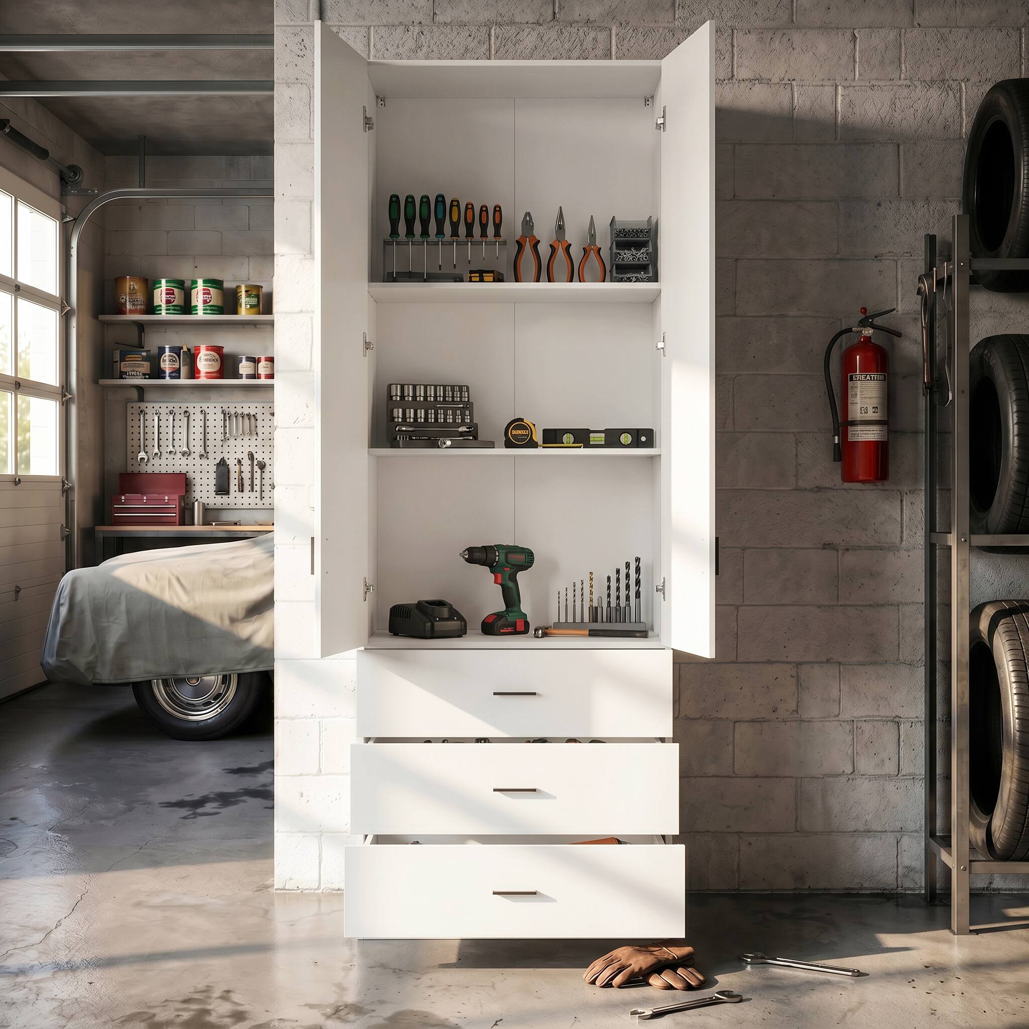 Left. FUFU & GAGA - Garage Storage Cabinet with 3 Drawers, Heavy Duty Tall Tool Organizer for Workshop, Utility Locker for Home - White.