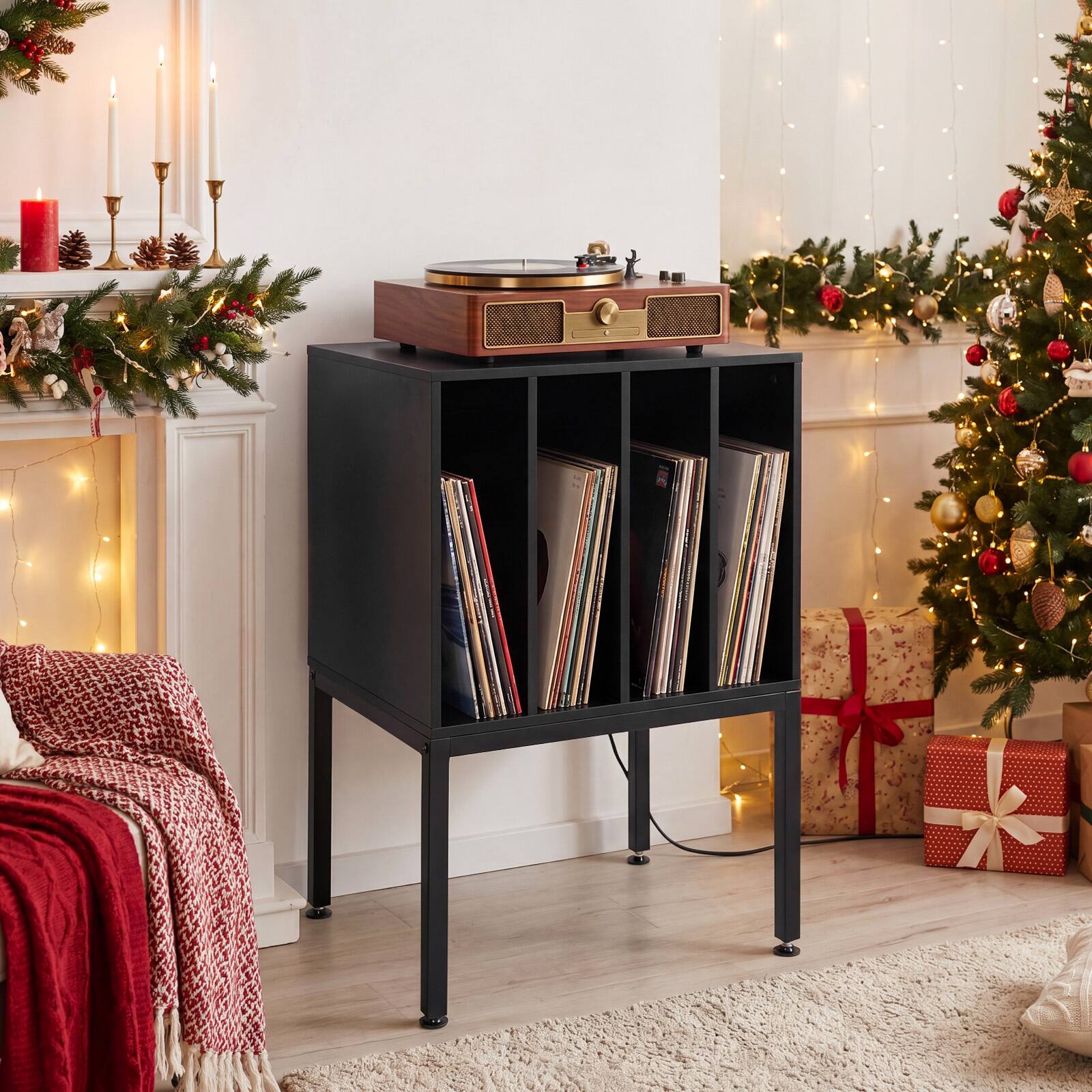 Alt View 4. Costway - Costway Record Player Stand with Power Outlets,Turntable Station with Divider Holds150 Records - Black.
