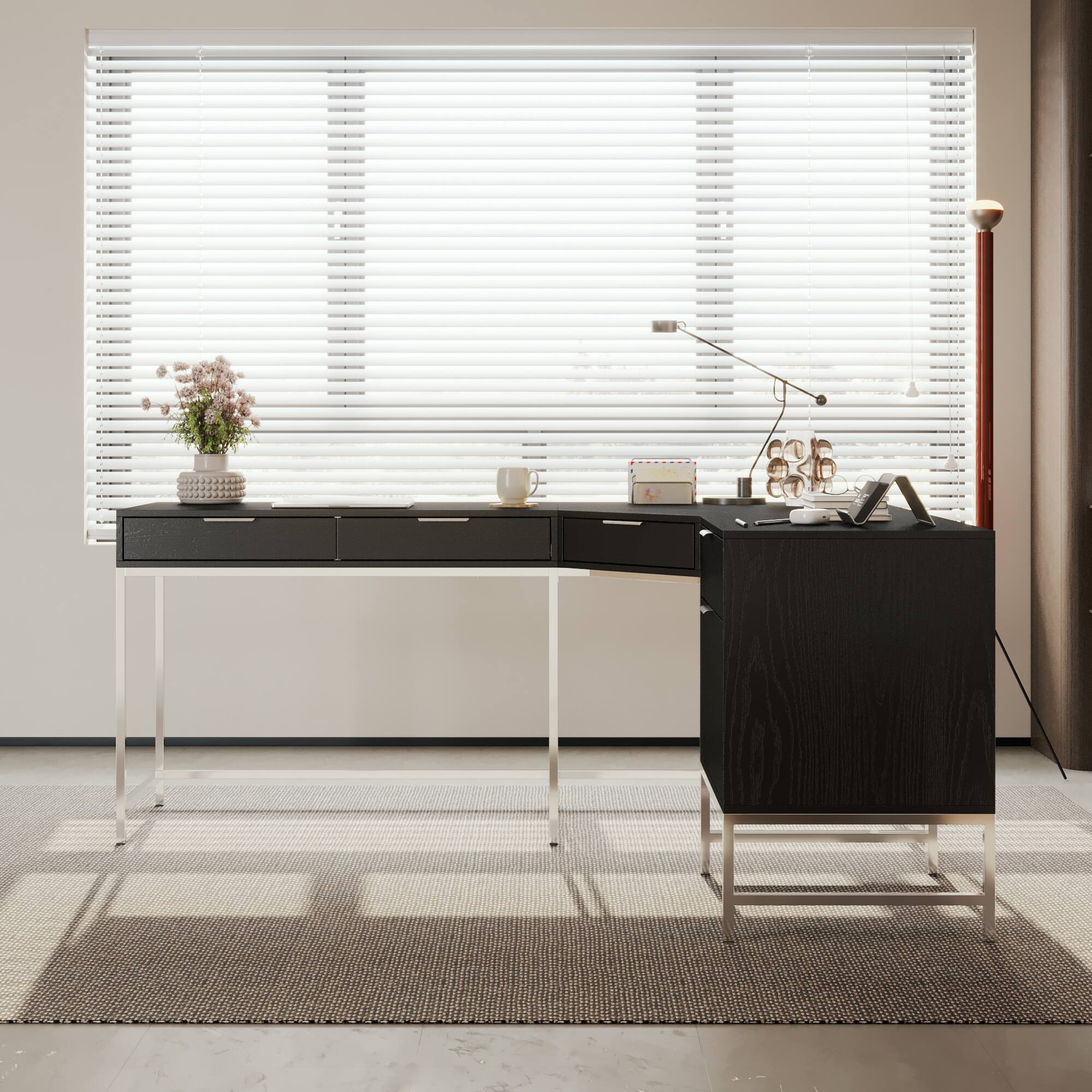 Famapy - Modern L - Shaped Office Desk: Spacious, Stylish & Organized Workstation - Black