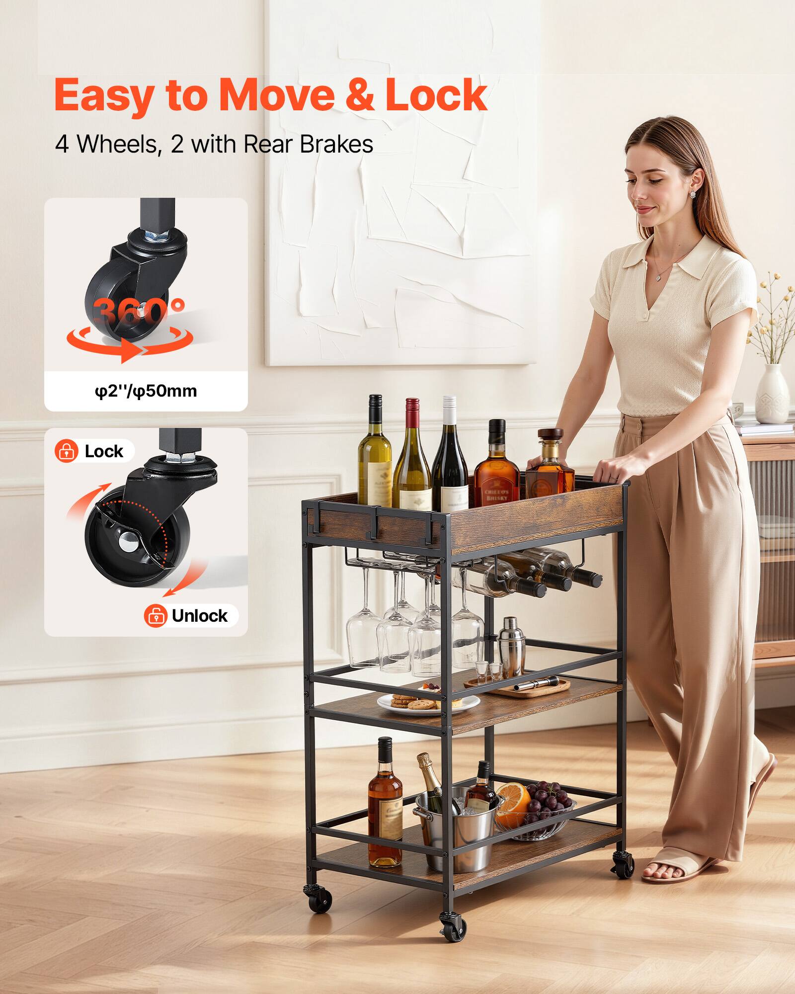Easy to Move & Lock  
4 Wheels, 2 with Rear Brakes  
360°  
φ2"/50mm  
Lock  
Unlock