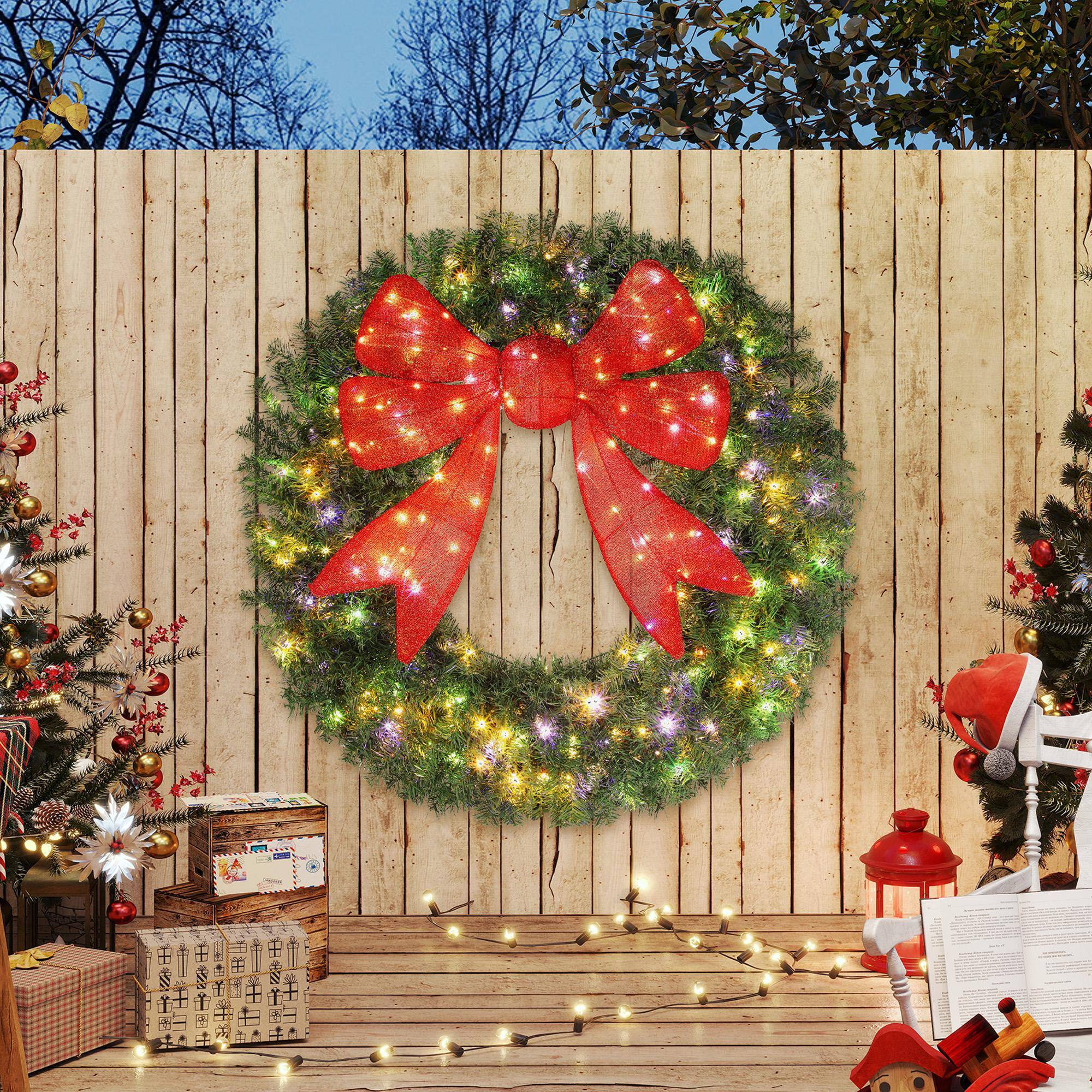 Alt View 8. Homcom - 48in Pre-Lit Xmas Wreath, 3D Red Bow, 11 Modes, Remote, 200 LEDs, 702 Tips, Indoor Outdoor - Green.