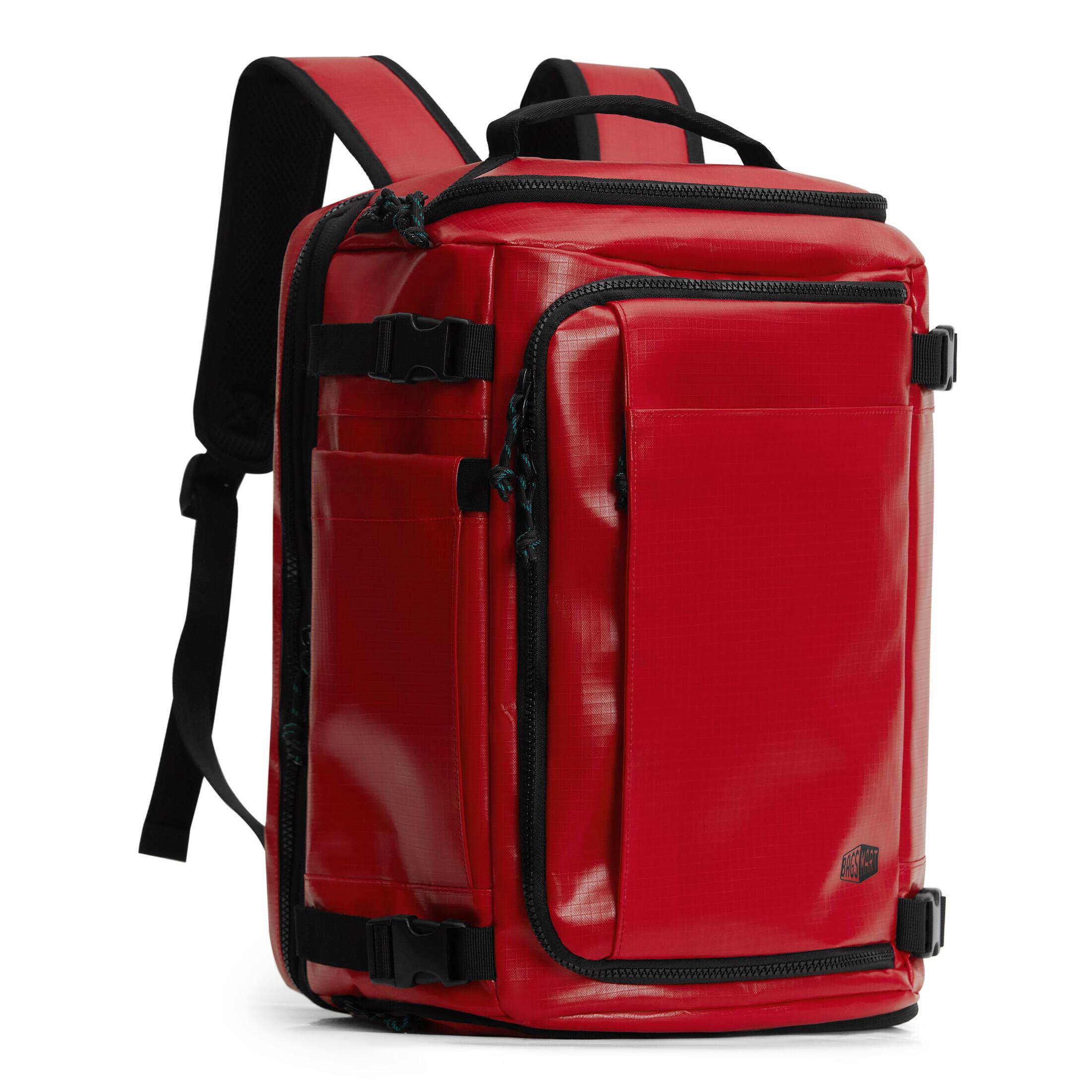 Left. Bagsmart - Blast 38L Expandable Travel Backpack, Flight Approved Carry On Laptop Backpack with USB Port for Men Women - Red.