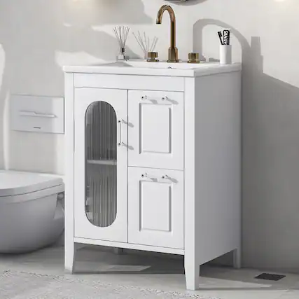 Front. Whisen - 24" Bathroom Vanity with Sink, Modern Freestanding Cabinet with Two Drawers and Door, Adjustable Shelf - White.