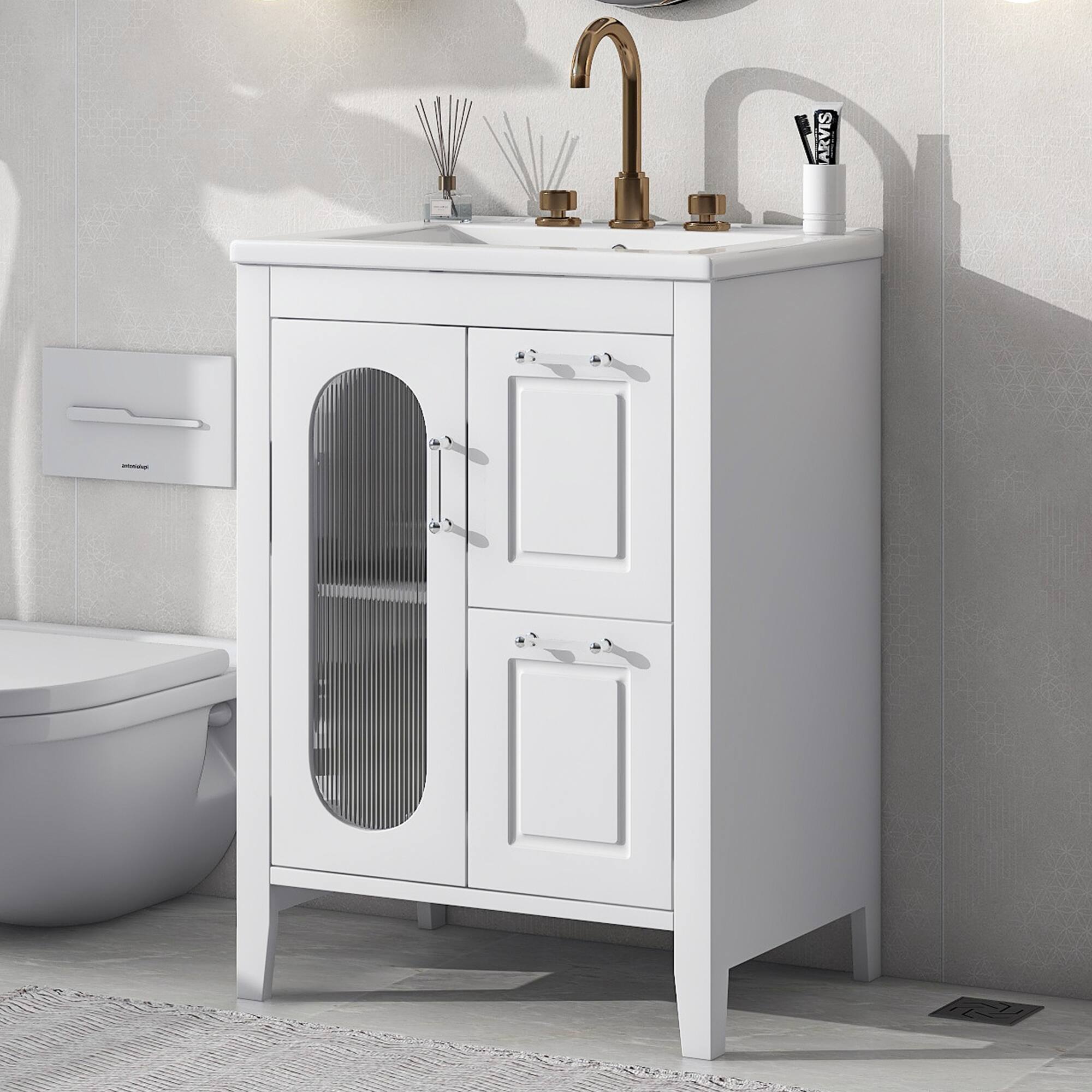 Front. Whisen - 24" Bathroom Vanity with Sink, Modern Freestanding Cabinet with Two Drawers and Door, Adjustable Shelf - White.