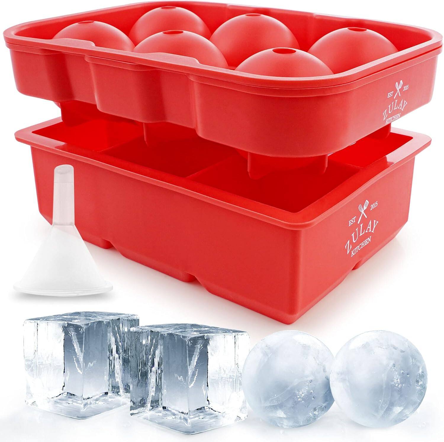 Zulay Kitchen - Silicone Ice Cube Trays Set of 2 - Large Square Ice Cube Molds and Sphere Ice Ball Maker with Lid - Red