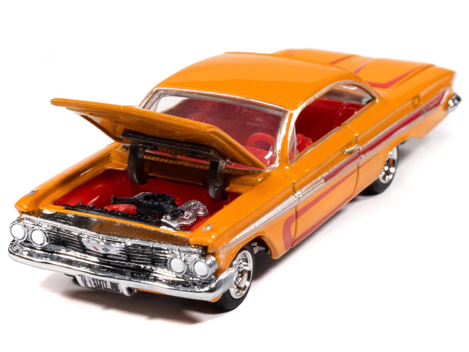 Alt View 2. Johnny Lightning - 1961 Chevrolet Impala SS 409 Yellow Metallic with Red Stripes and Interior 1/64 Diecast Model Cars by Johnny Lightning.