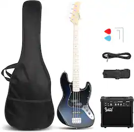 Winado - Bass Guitar Full Size 4 String Exquisite Stylish Bass with Guitar Bag Power Line and Wrench Tool (Dark Blue, With AMP)