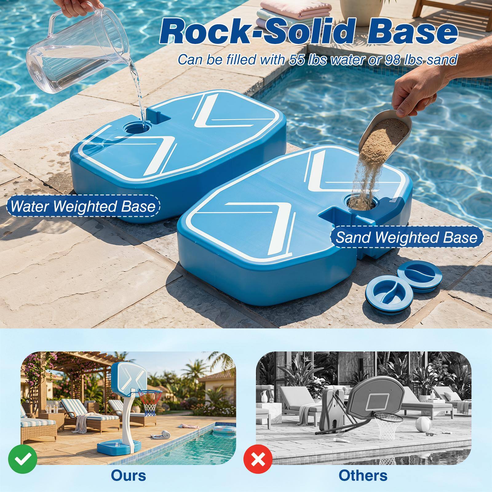 Rock-Solid Base  
Can be filled with 55 lbs water or 98 lbs sand  

Water Weighted Base  
Sand Weighted Base  

Ours  
Others