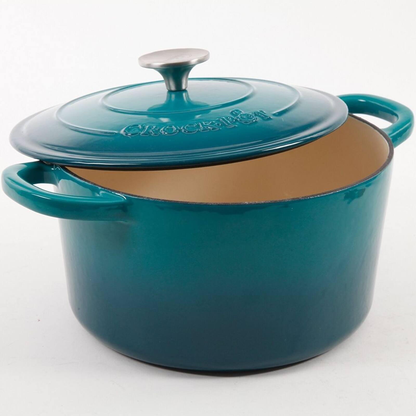 Alt View 4. Crockpot - Crock Pot Artisan 5 Quart Round Enameled Cast Iron Dutch Oven in Teal Ombre - Blue.