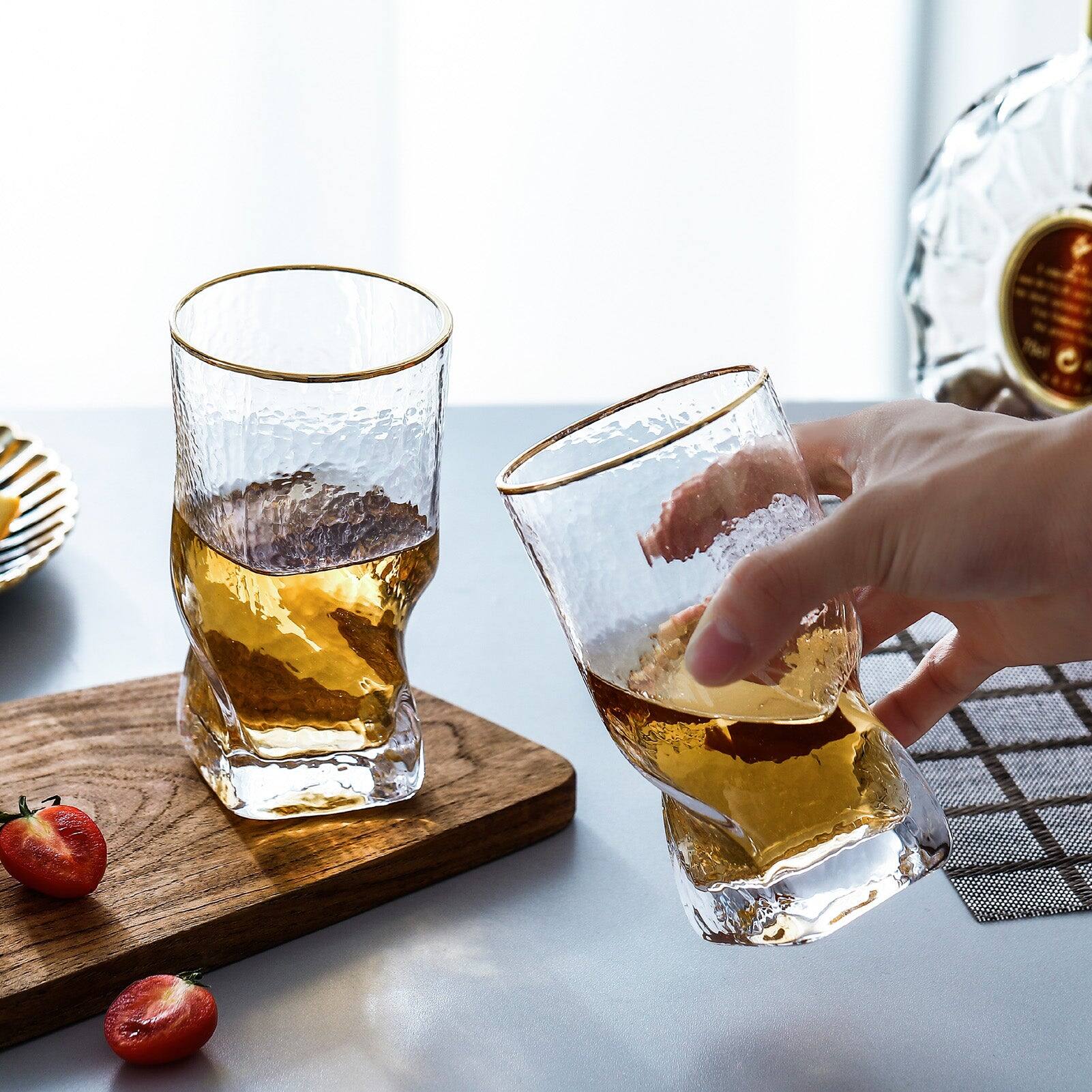 Back. BreeBe - Gold Rimmed Hammer Twist Whiskey Glass (set of 4) - 3.14"W x 5.31" H - Clear with gold rim.
