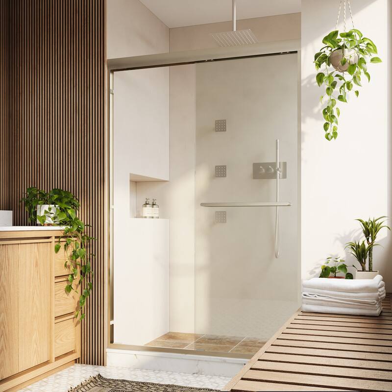 Angle. WELLFOR - 44-48 in W x 72 in H Framed Shower Door with Double Sliding & Stainless Steel Towel Bar Handle, 1/4" Tempered Glass - Brushed Nickel.