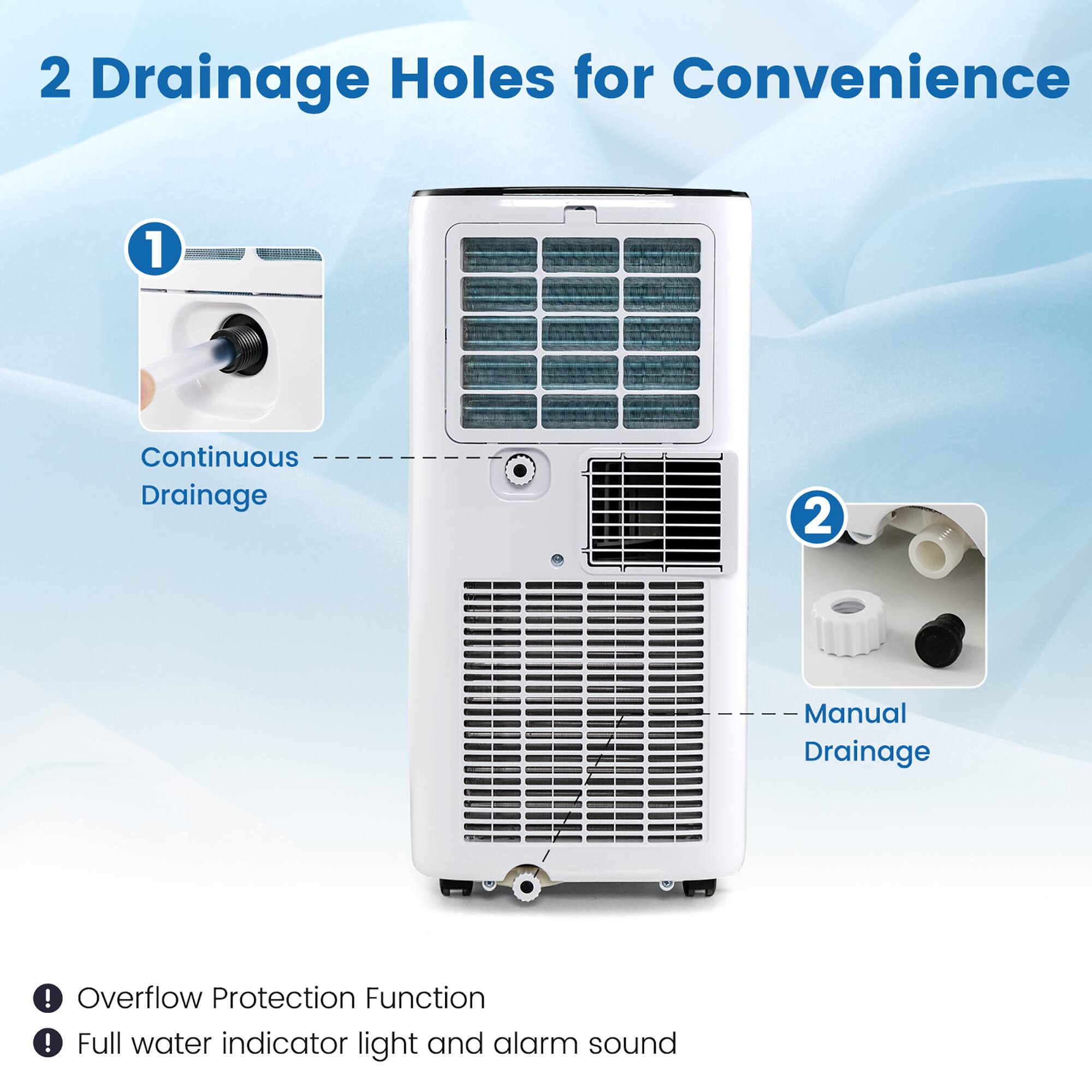 2 Drainage Holes for Convenience: 1 Continuous Drainage, 2 Manual Drainage ! Overflow Protection Function ! Full water indicator light and alarm sound.