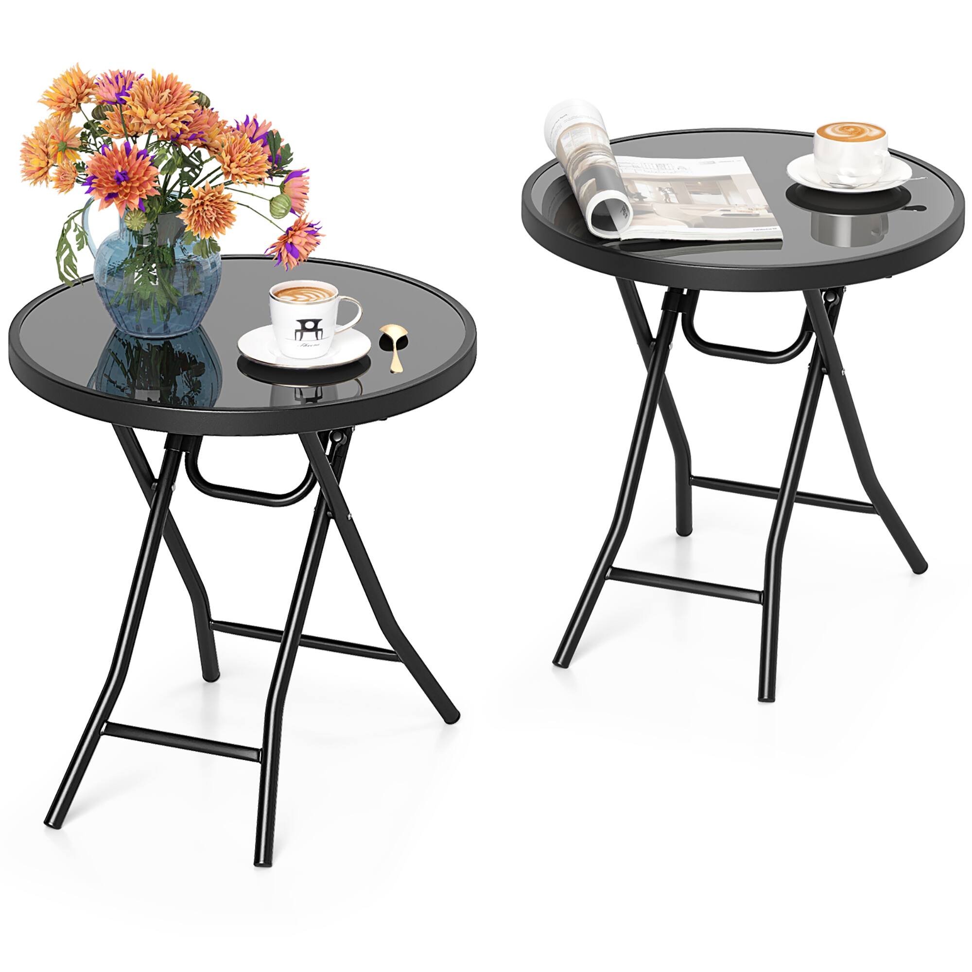 Alt View 9. Gymax - Gymax Round Folding Side Table 18 Inch Patio Coffee Table w/ Tempered Glass Tabletop Black - Black.