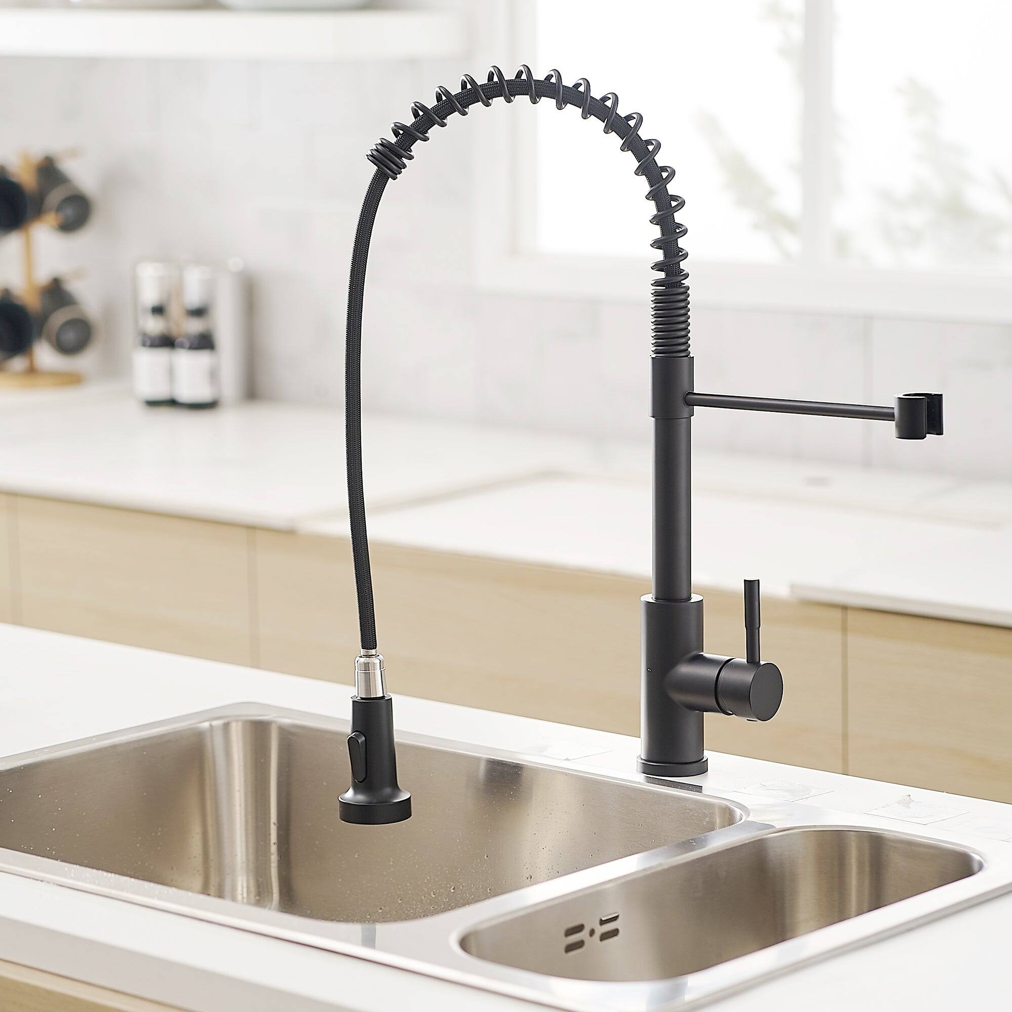 Back. Boyel Living - Matte Black Single Handle Pull Down Sprayer Kitchen Faucet Stainless Steel with Water Supply Hoses - Matte Black.