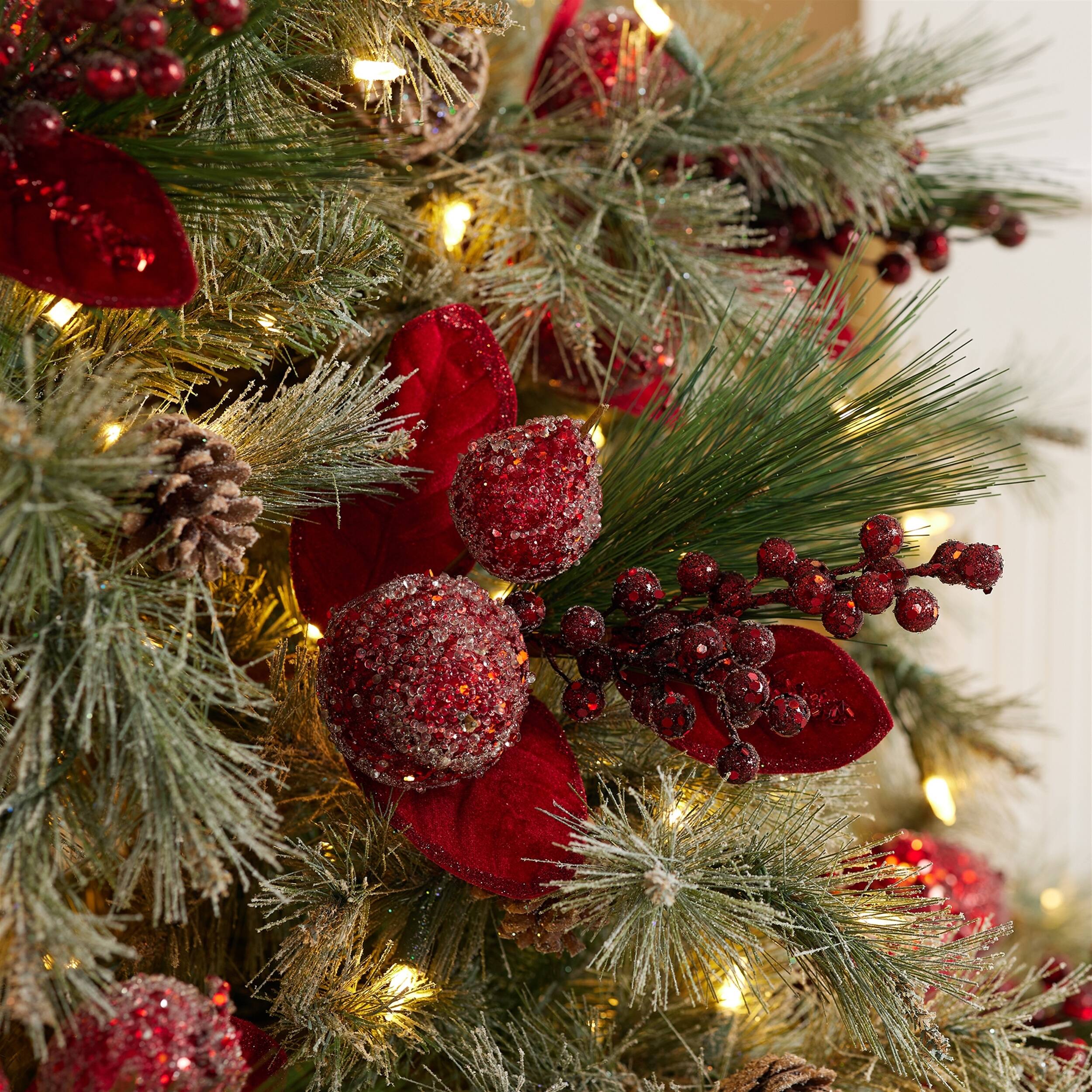 Angle. BreeBe - Beaded Pomegranate and Pear Pine Pick (Set of 8) - Red, Green.