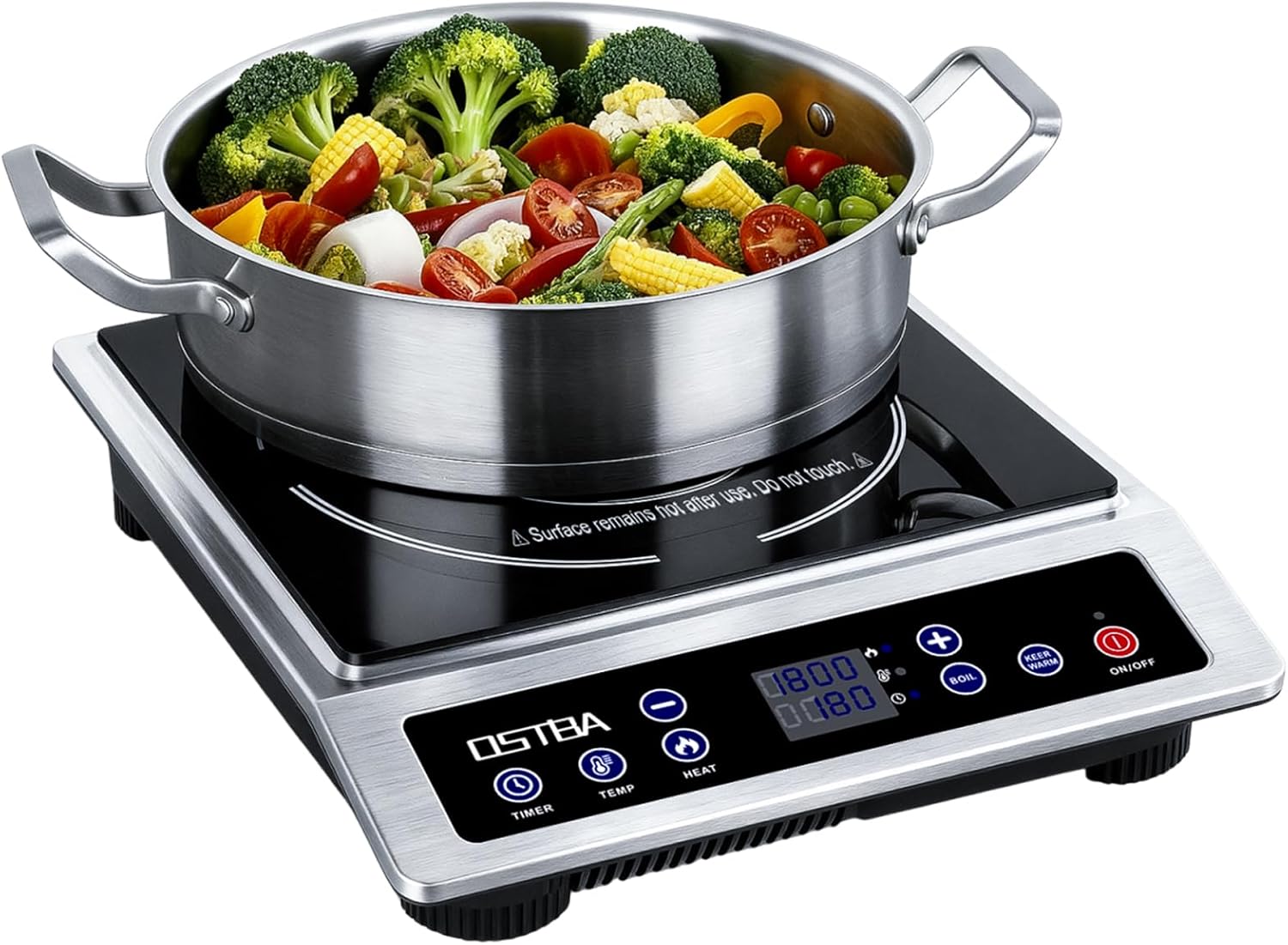 - Surface remains hot after use. Do not touch.
- OSTBA
- HEAT TEMP TIMER
- 8 - - 1 19 8 - -
- + BOIL KEEP WARM ON/OFF