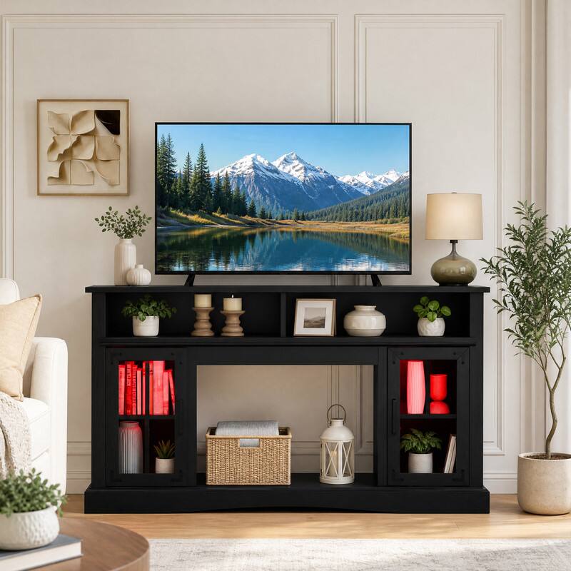 Angle. WELLFOR - TV Stand for 50" TV with Remote Control, LED Entertainment Center with Glass Door Media Console Cabinet - Black.