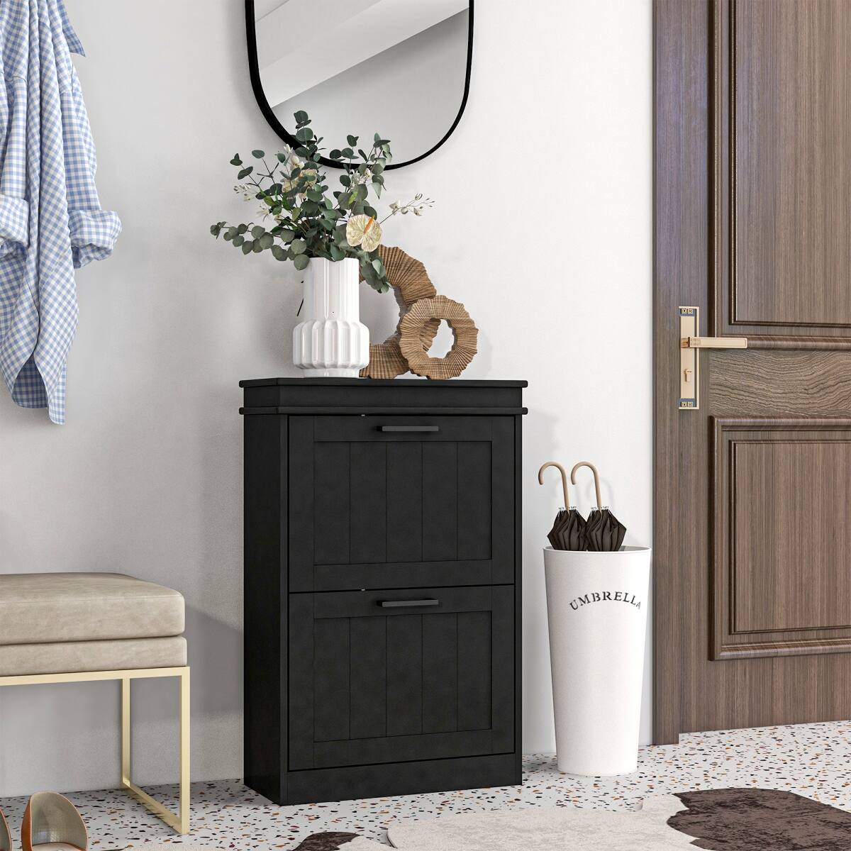 Alt View 2. HTUTWOO - Shoe Cabinet,with 2 Flip Drawers & Adjustable Shelves for 10 Pairs,for Narrow Hallway,Apartment,Small Space Living - Black.