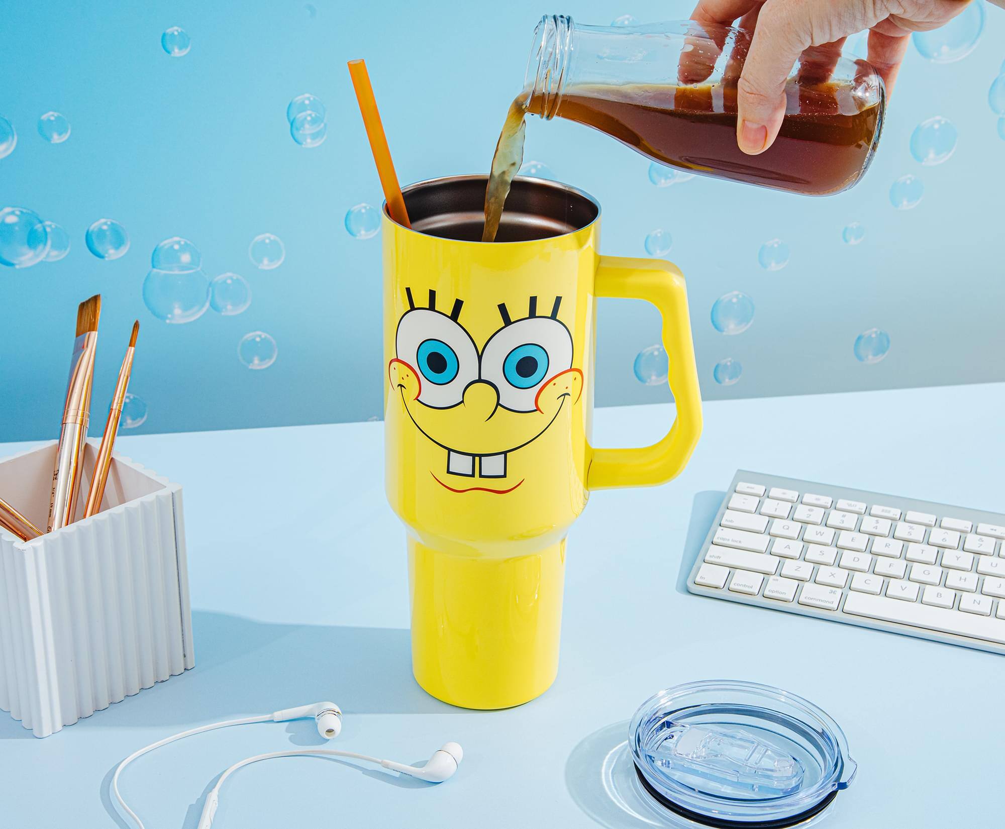 Alt View 3. Silver Buffalo - Nickelodeon SpongeBob SquarePants Face Stainless Steel Tumbler With Handle - Yellow.