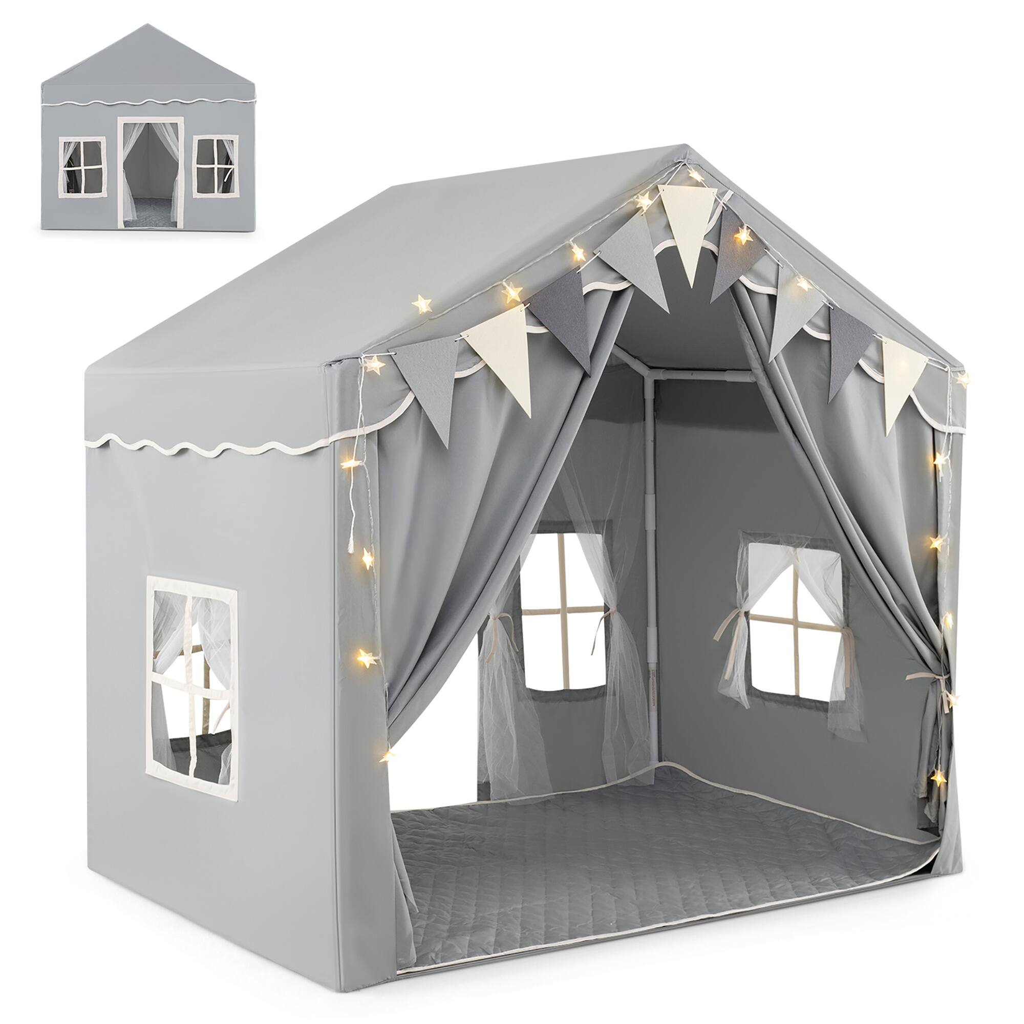 Alt View 9. Gymax - Gymax 3-4 Kids Large Play Tent House w/ 2 Opening Doors Star Lights & Plaid Pennants Gray - Gray.
