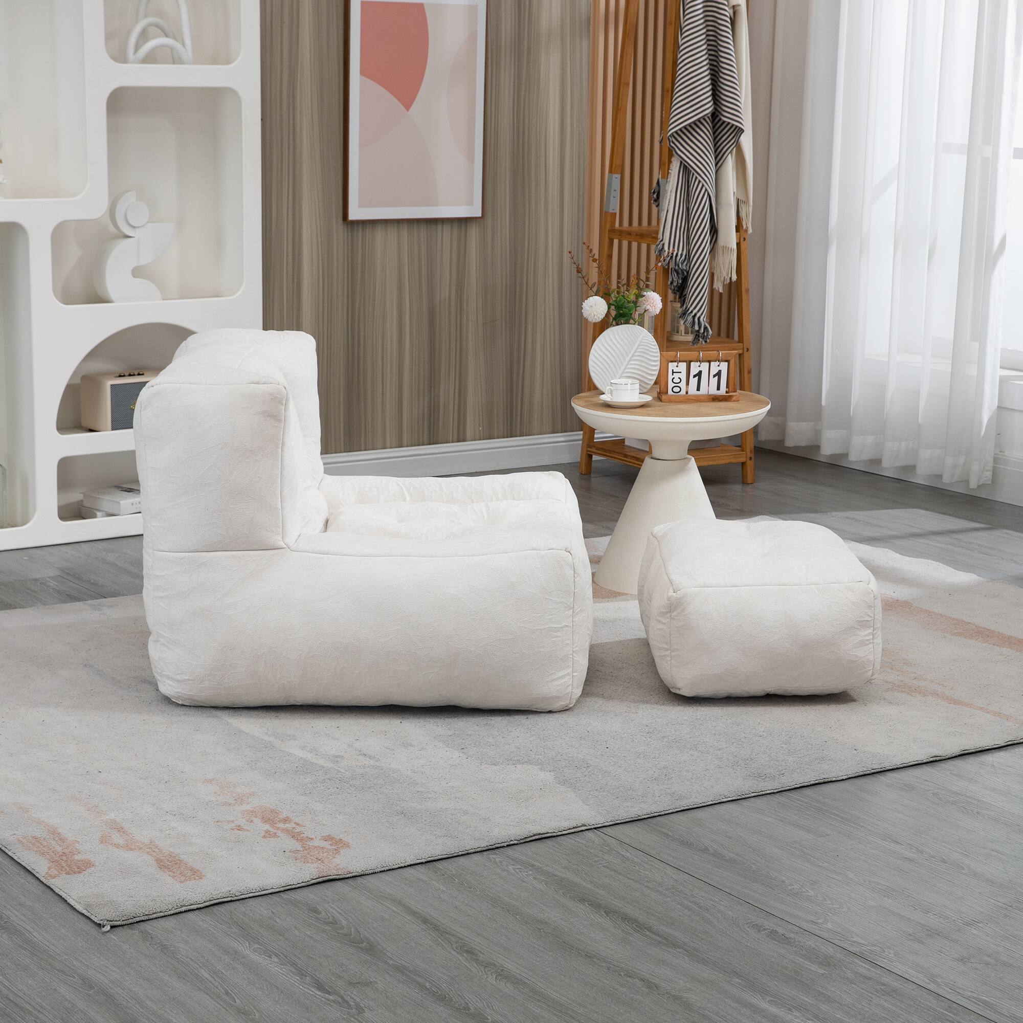 Back. GOODSILO - Premium Memory Foam Bean Bag Chair with Ottoman - Ultra Soft Velvet Lounger for Living Room and Bedroom Comfort - White.