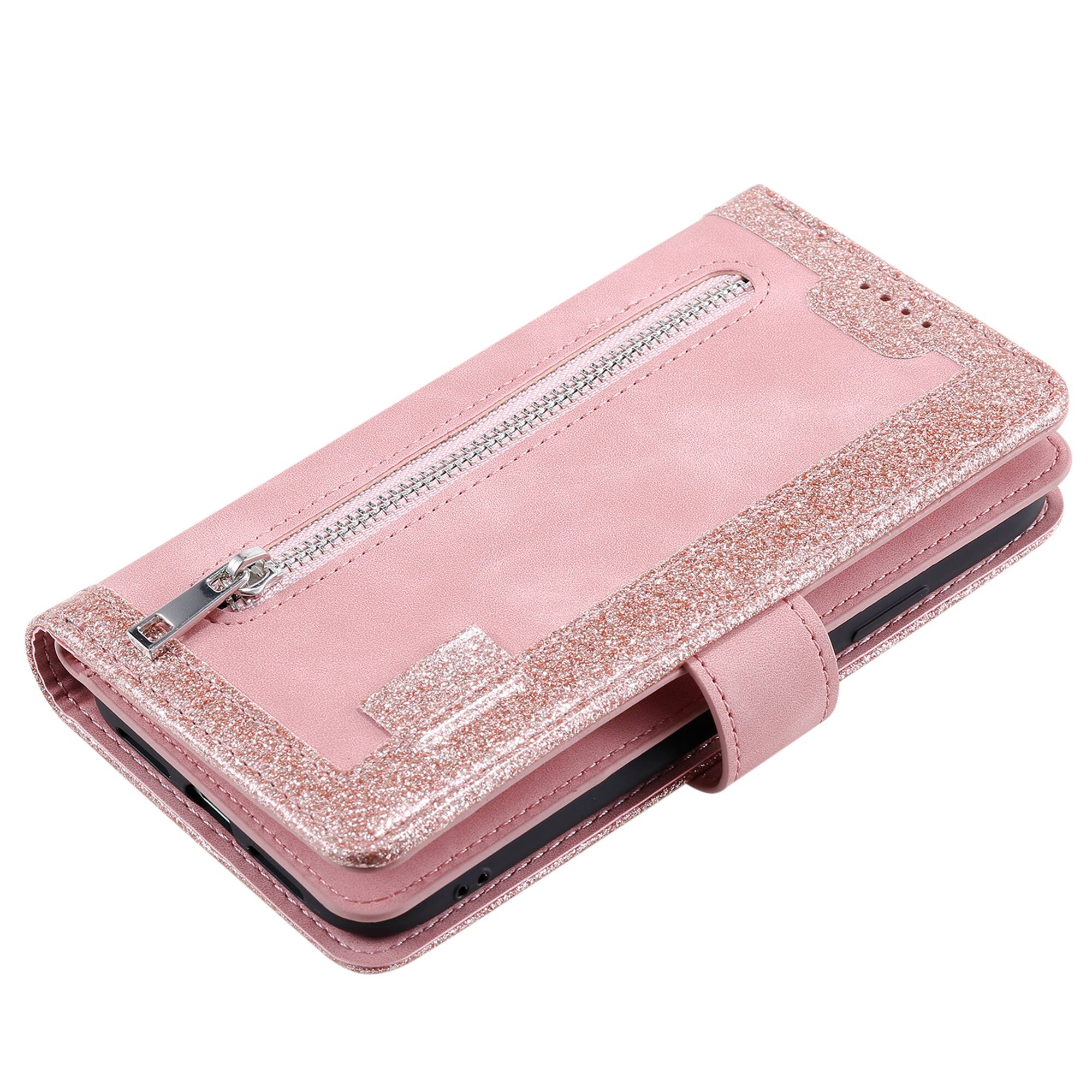 Alt View 2. Dteck - Multi-Functional Wallet Case for Samsung Galaxy A57, 9 Card Slots Zipper Pocket Stand Premium Leather Cover+Strap - Rosegold.