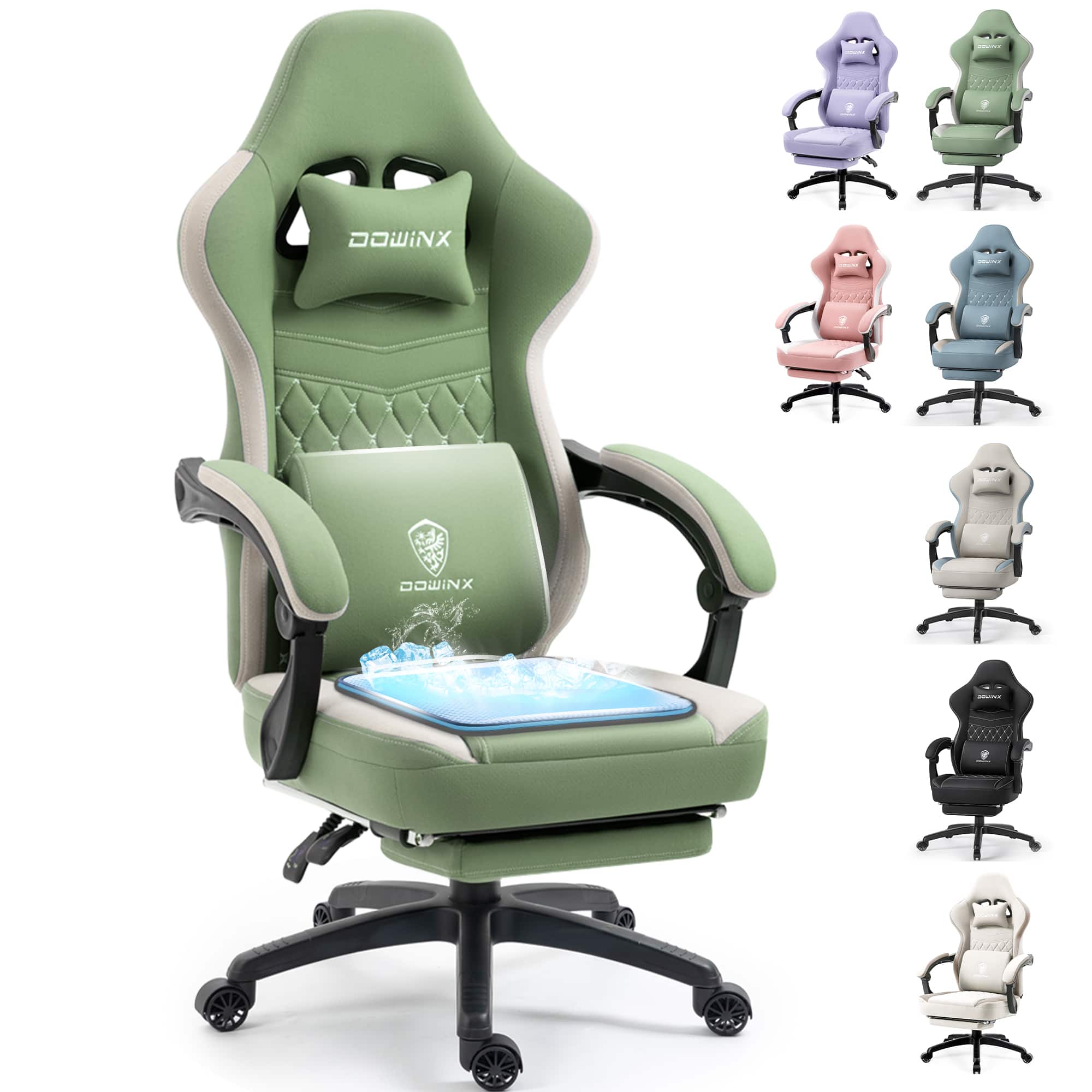 Dowinx - Gaming Chair with Pocket Spring Cushion, Breathable Fabric Computer Chair with Gel Pad, Reclining Office Chair - Green