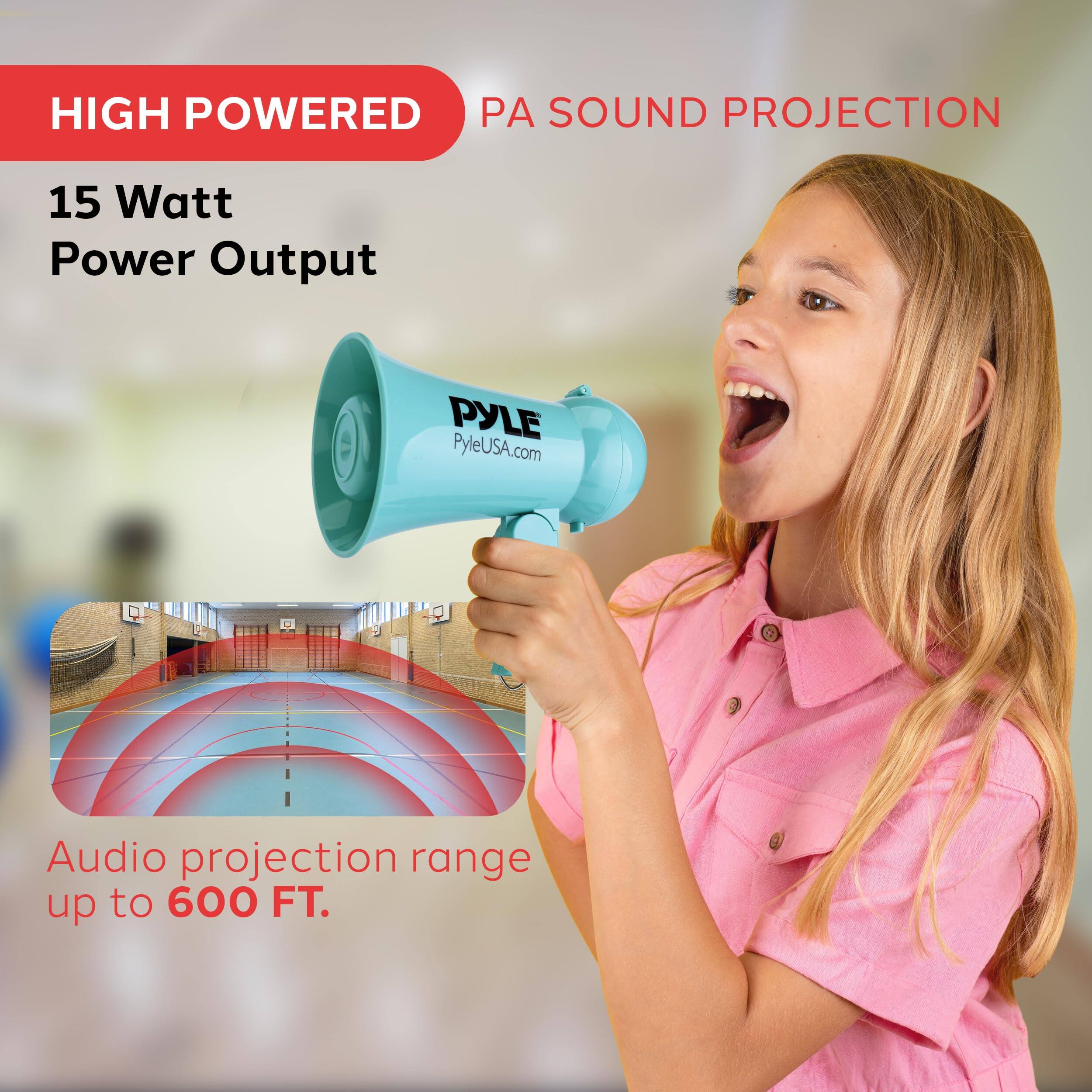 HIGH POWERED PA SOUND PROJECTION 15 Watt Power Output PYLE PyleUSA.com Audio projection range up to 600 FT.