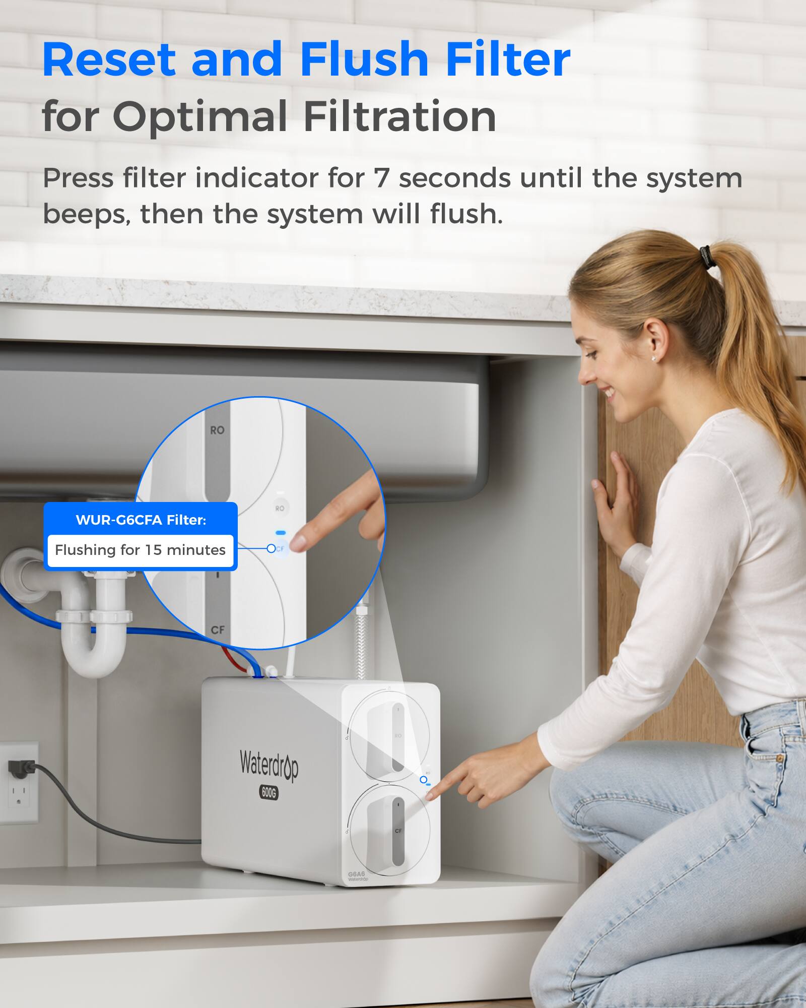 Reset and Flush Filter for Optimal Filtration  
Press filter indicator for 7 seconds until the system beeps, then the system will flush.  

RO  
WUR-G6CFA Filter:  
Flushing for 15 minutes  

Waterdrop 800G