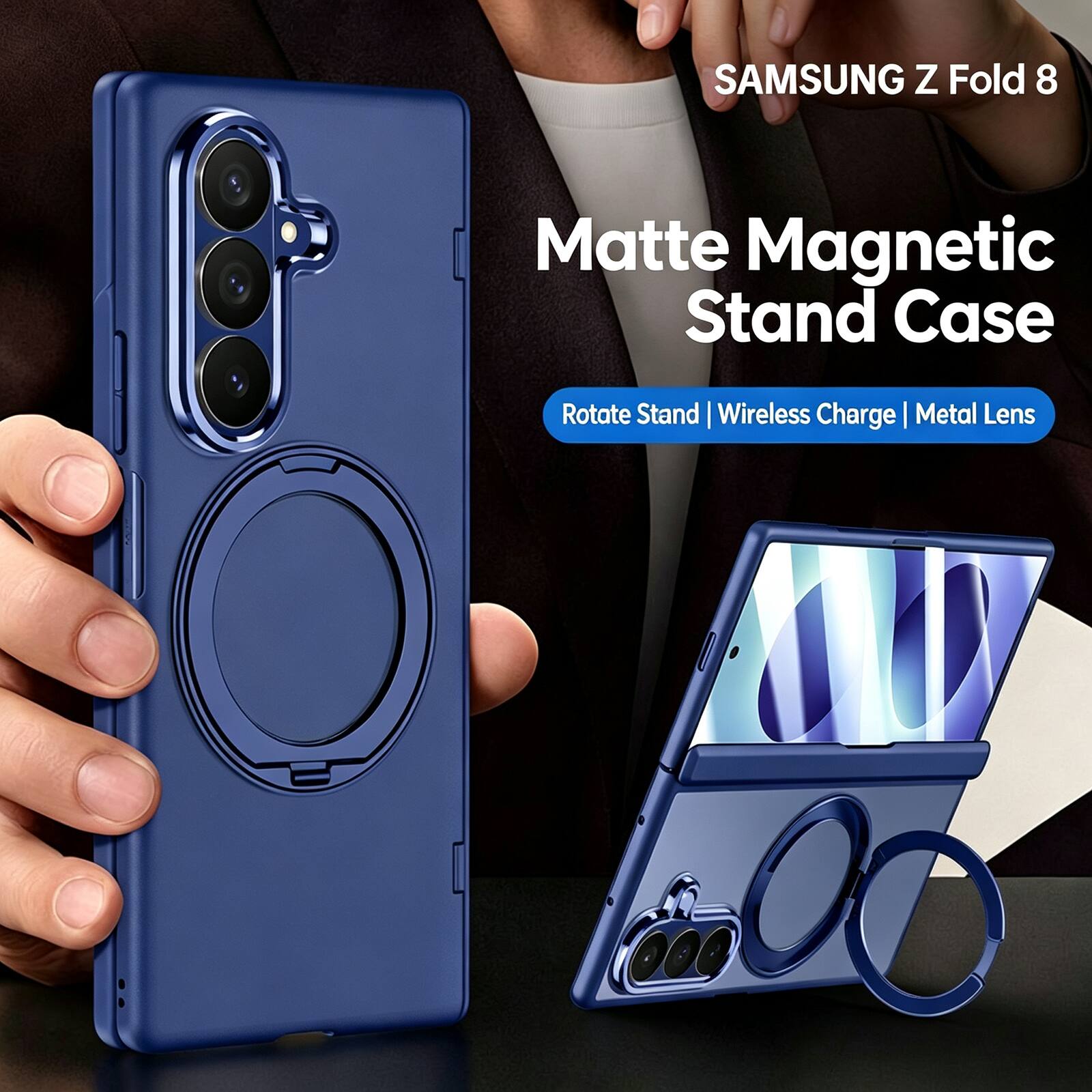 SAMSUNG Z Fold 8 Matte Magnetic Stand Case  
Rotate Stand | Wireless Charge | Metal Lens
