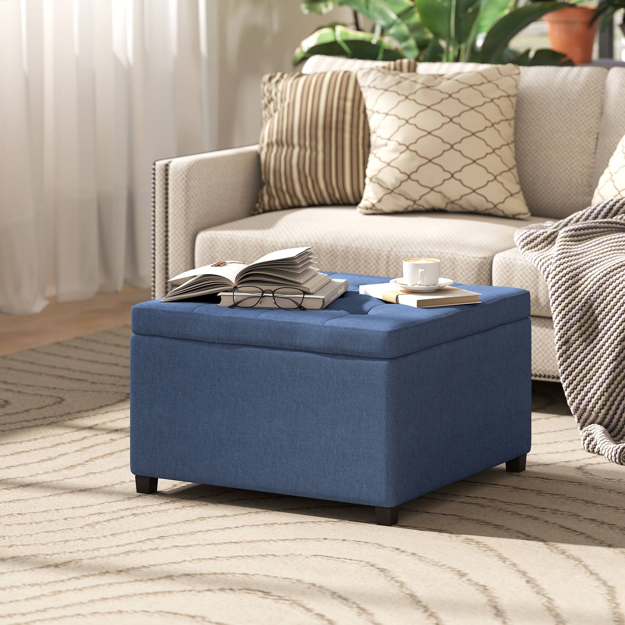 Alt View 1. Homcom - Storage Ottoman Bench, Button Tufted Ottoman with Flip Top for Living Room - Blue.